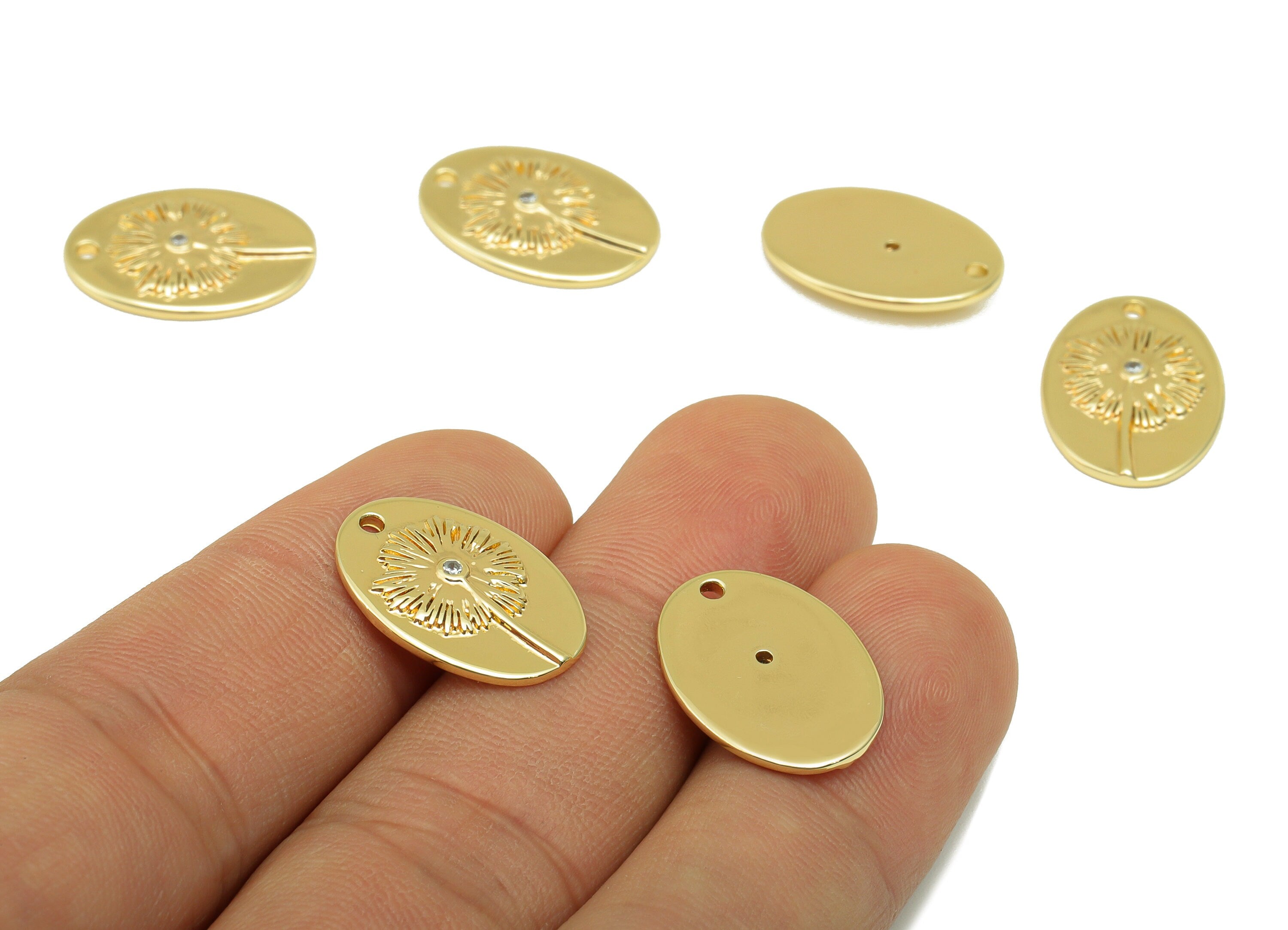 Brass Ellipse Earring Charm -Brass Flower Zircon Charm - Dandelion Oval CZ Pendant - For Necklace - 18K Real Gold Plated -18x13x2mm-RGP3375 - DOMEDBAZAAR