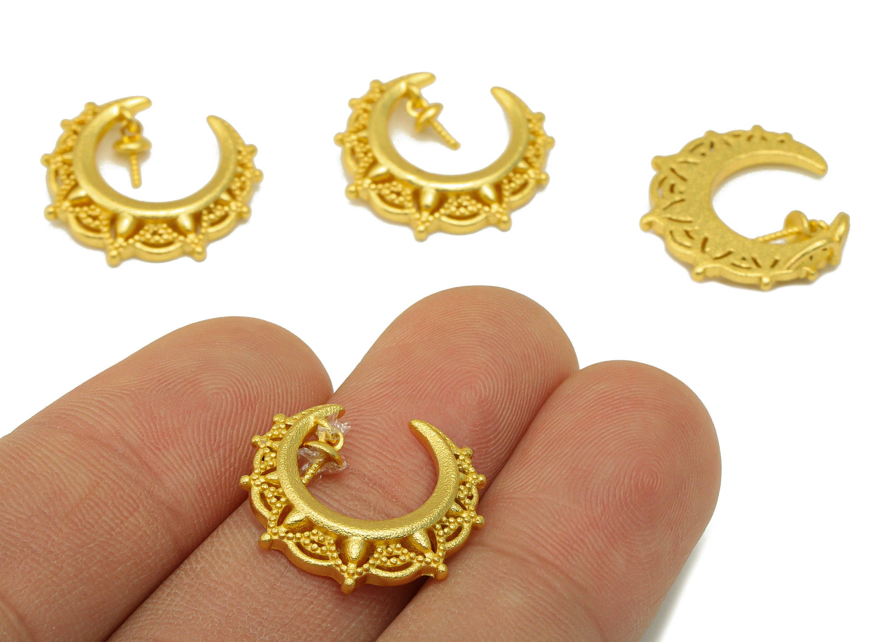 Brass Crescent Earring Charm - Brass Crown Frame Crescent Earring - Moon Pendant for Pearl - 18k Real Gold Plated - 19x18.09x2.46mm- RGP6489 - DOMEDBAZAAR