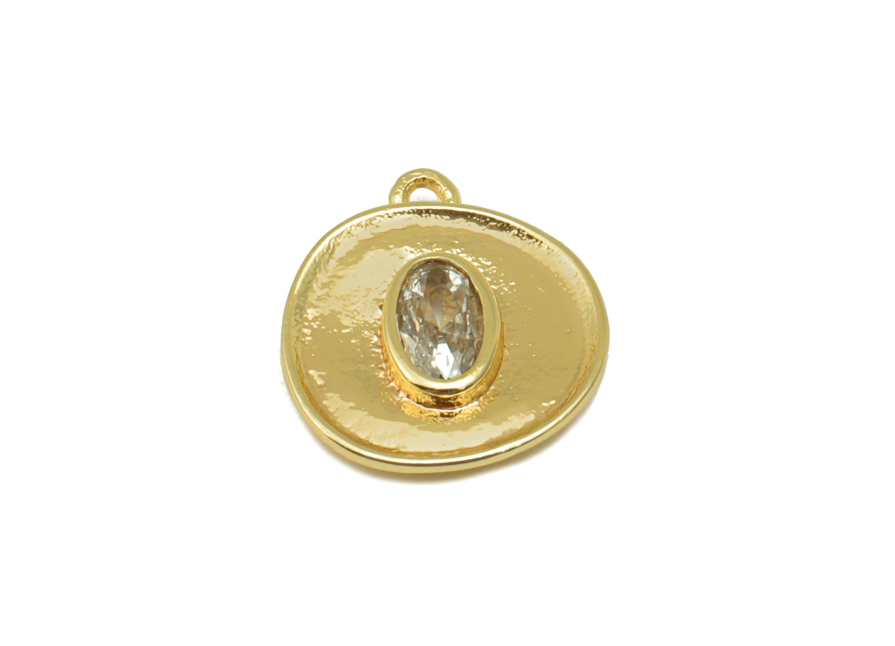 Brass Bent Round Charm - Brass Oval Cubic Zirconia Earring Charm - Textured Pendant- 18k Real Gold Plated - 12.6 x 10.77 x 2.77mm- RGP6515 - DOMEDBAZAAR