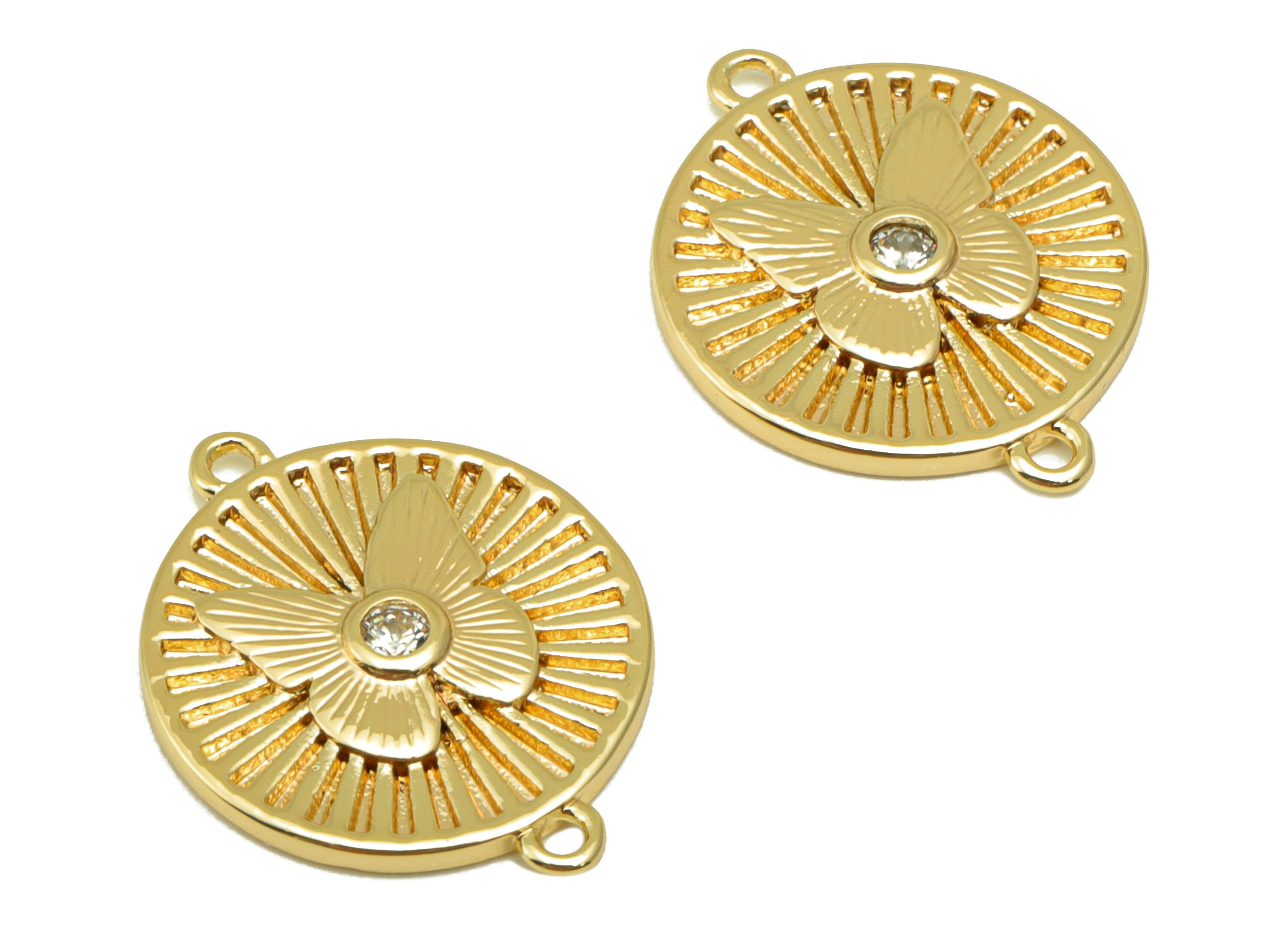 Brass Butterfly Round Connector - Cubic Zirconia Earring Charm - Butterfly Pendant- For Necklace - 18k Real Gold Plated - 19x16x2mm- RGP6512 - DOMEDBAZAAR