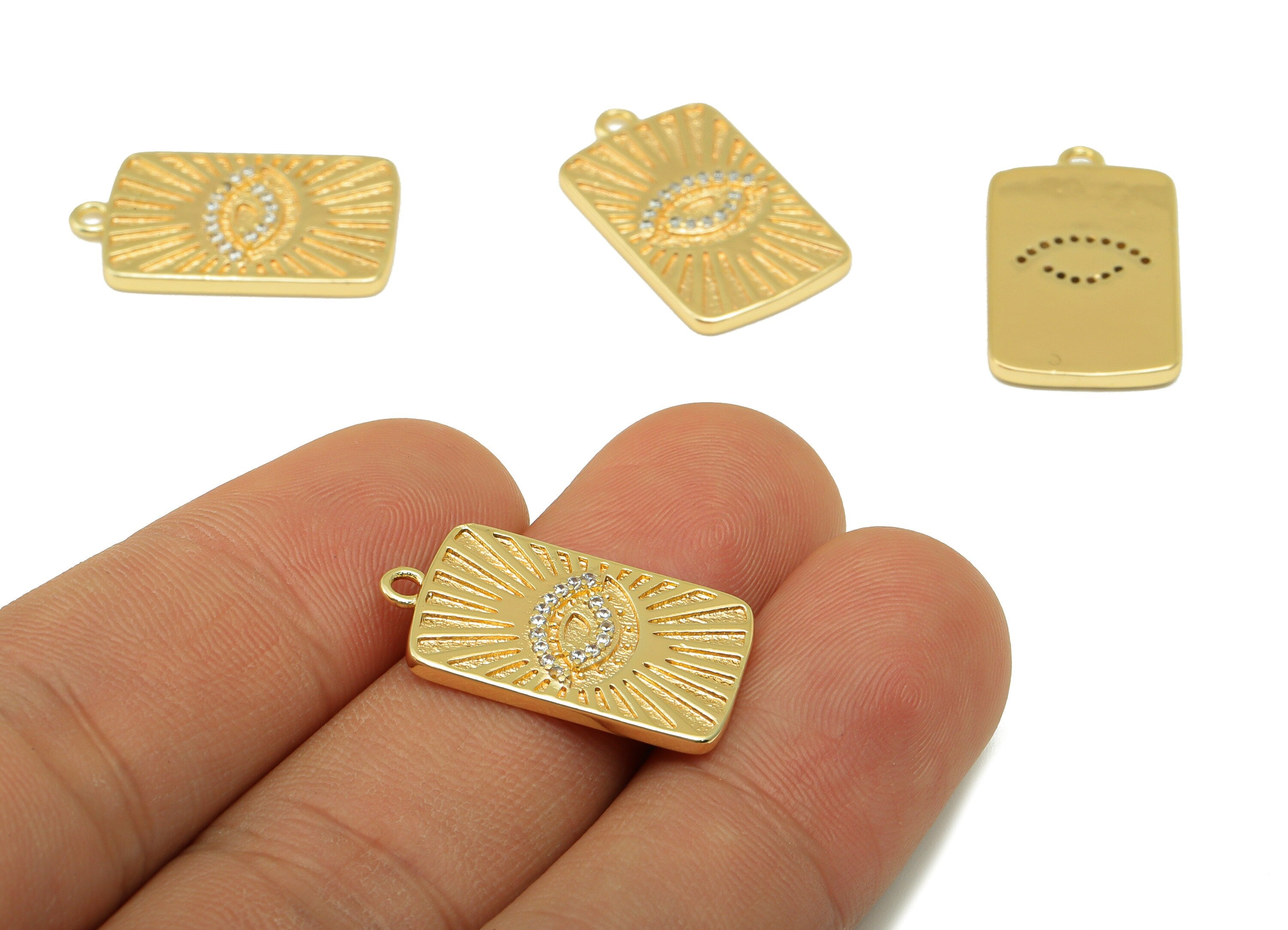 Brass Rectangle Earring Charm - Eye Cubic Zirconia Charm - Textured Pendant - For Necklace - 18k Real Gold Plated - 23.38x13.38x2mm- RGP6505 - DOMEDBAZAAR