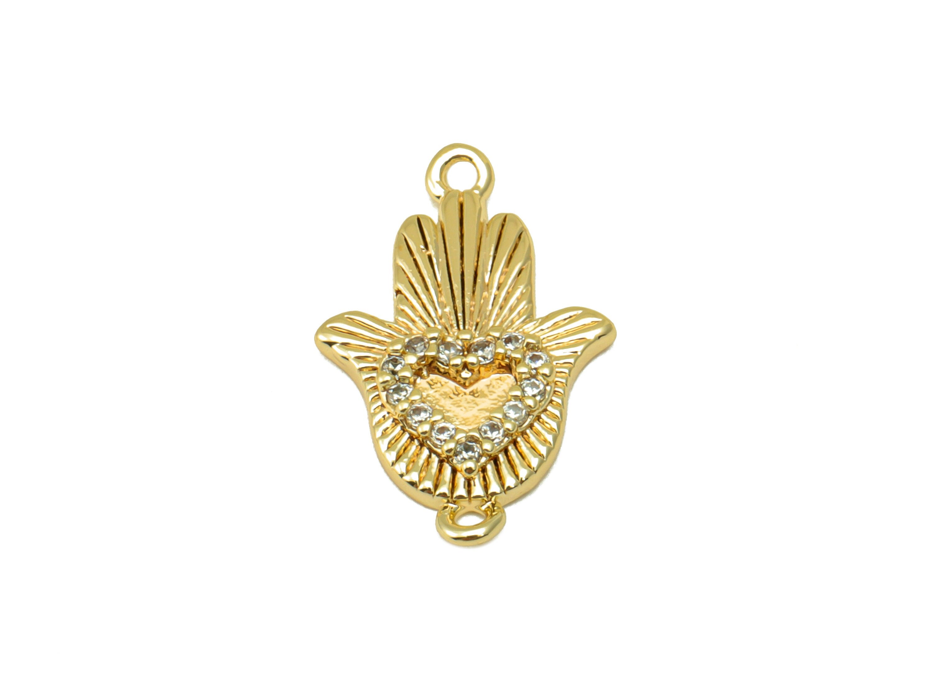 Brass Hamsa Earring Connector -Textured Heart Cubic Zirconia Charm - CZ Pendant - Bracelet Connector - 8k Real Gold Plated-19x12x2mm-RGP6556 - DOMEDBAZAAR