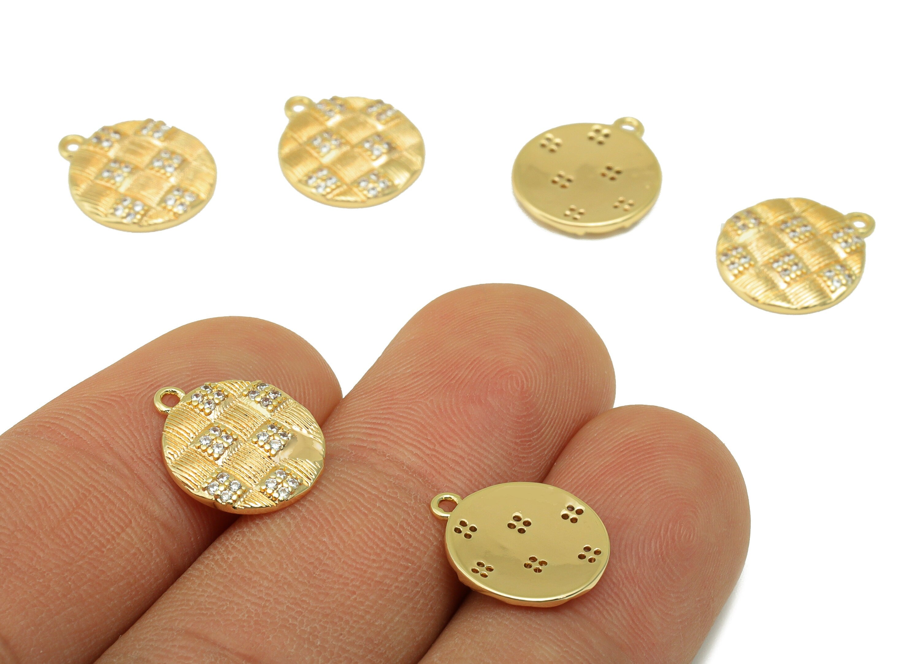 Brass Round Earring Charm - Brass Square Cubic Zirconia Charm - Gold CZ Pendant - 18k Real Gold Plated - 13.74 x 11.97 x 1.66mm- RGP6572 - DOMEDBAZAAR