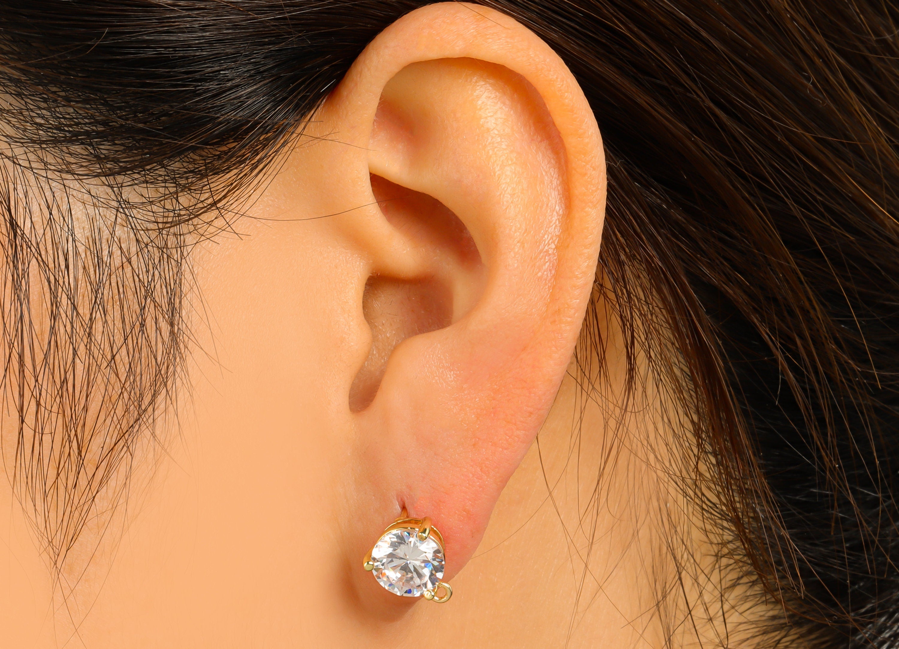 Brass Round Earring Stud - Gold Circle CZ Earring Post -Cubic Zircon Stud with Loop - Gold Tone Plated Brass - 10.85x8.8x5mm- PP1071G - DOMEDBAZAAR