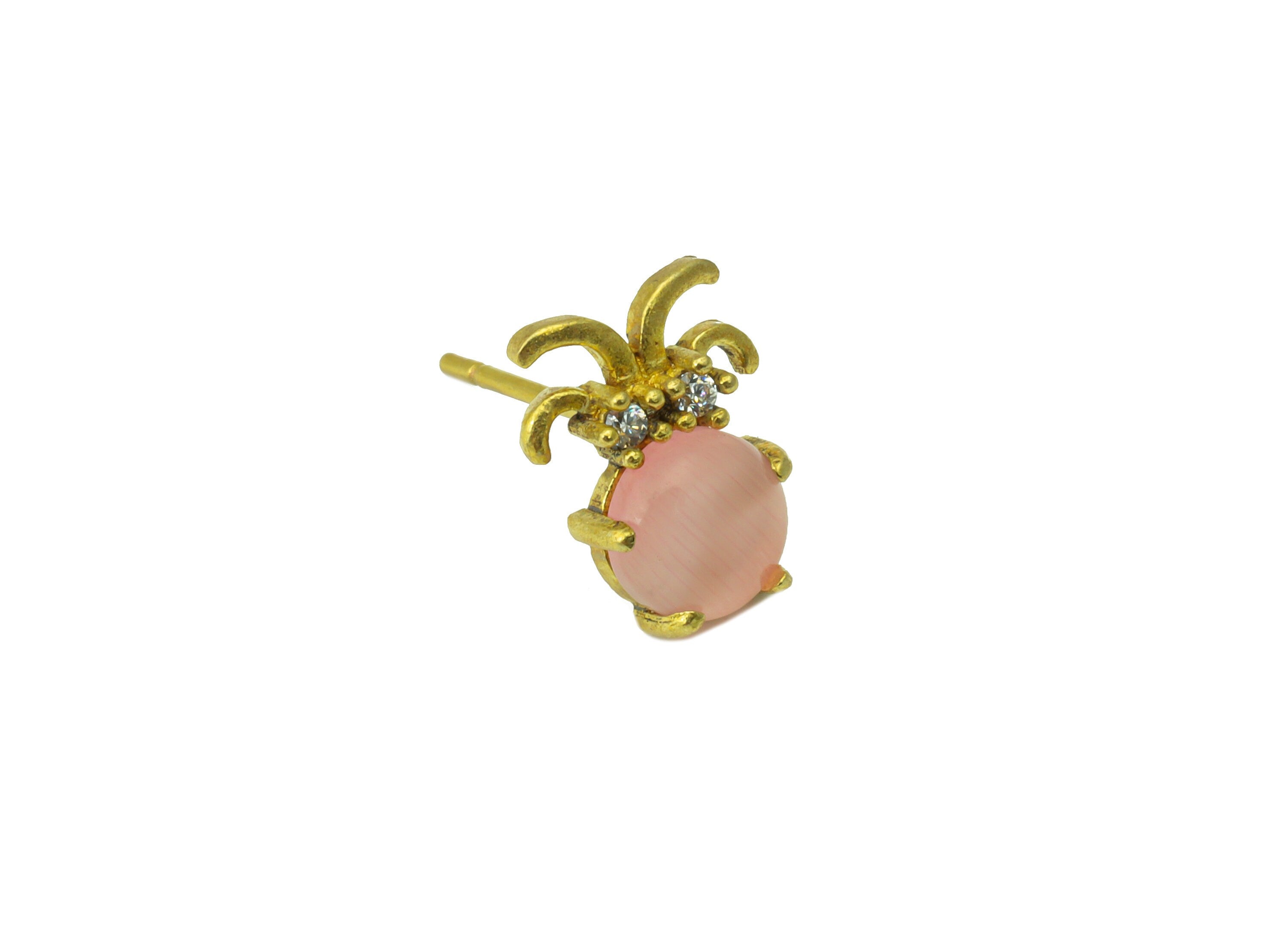 Brass Pink Jade Earring Stud - Insect Earring Post - Brass Fruit Earring Post - Cubic Zirconia - Earring Post - 10.97x8.23x3.77mm- PP8577 - DOMEDBAZAAR