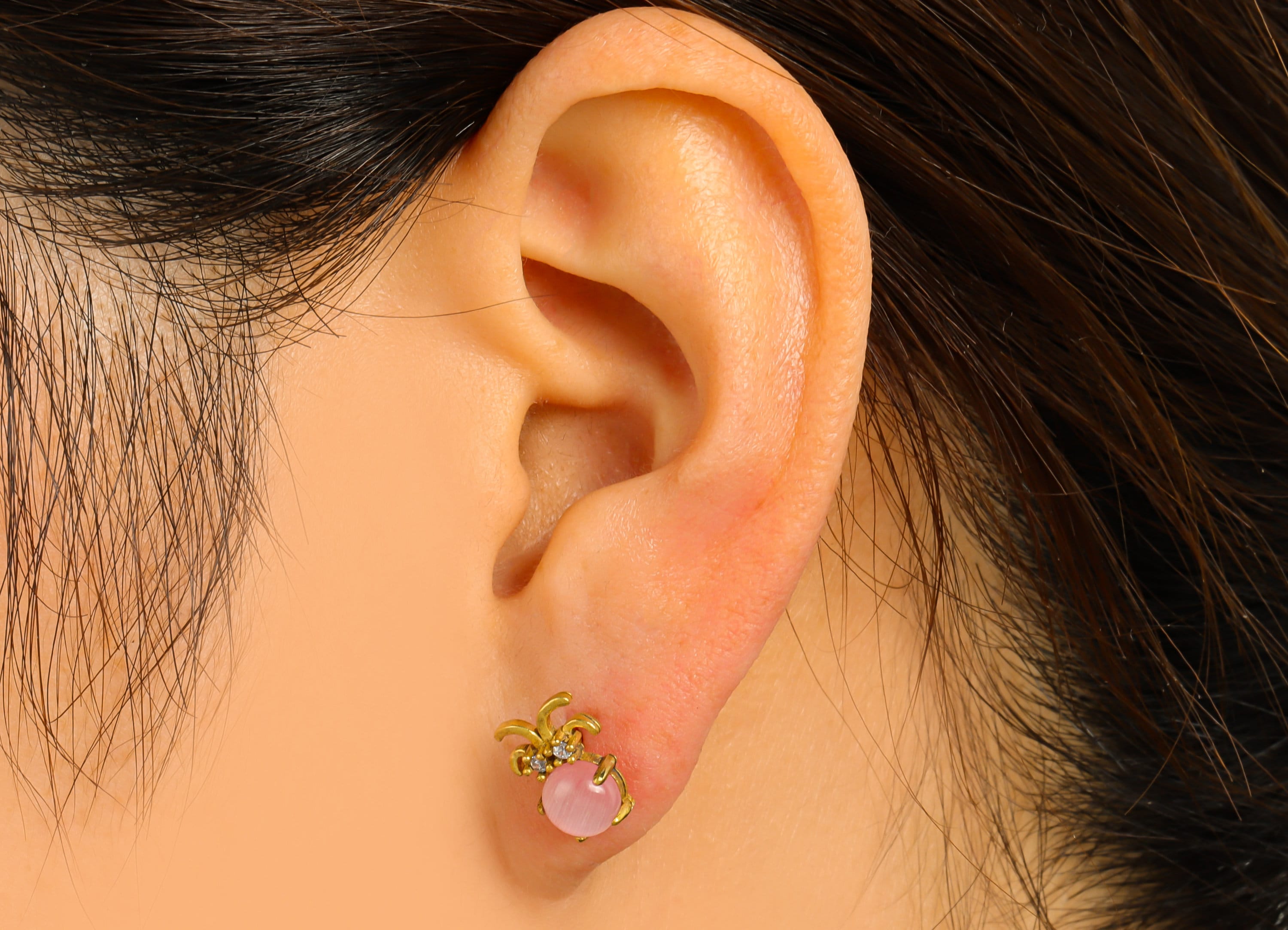 Brass Pink Jade Earring Stud - Insect Earring Post - Brass Fruit Earring Post - Cubic Zirconia - Earring Post - 10.97x8.23x3.77mm- PP8577 - DOMEDBAZAAR