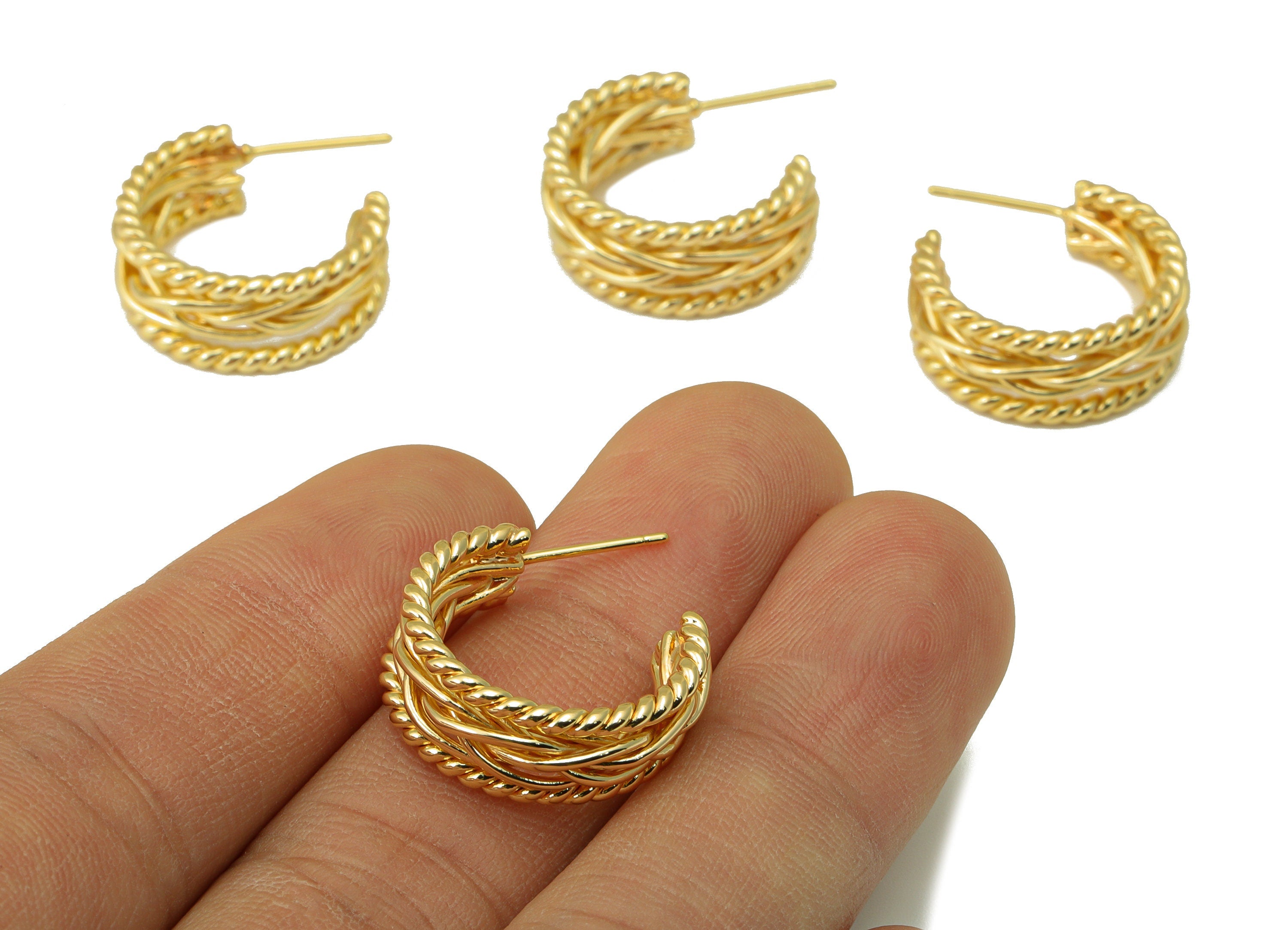 Brass Open Hoop Earring Stud - Chain Earring Post - Weave Wire Thick Earring -Twisted Earring Post- 18k real gold-plated -24x20x3mm- RGP6607 - DOMEDBAZAAR