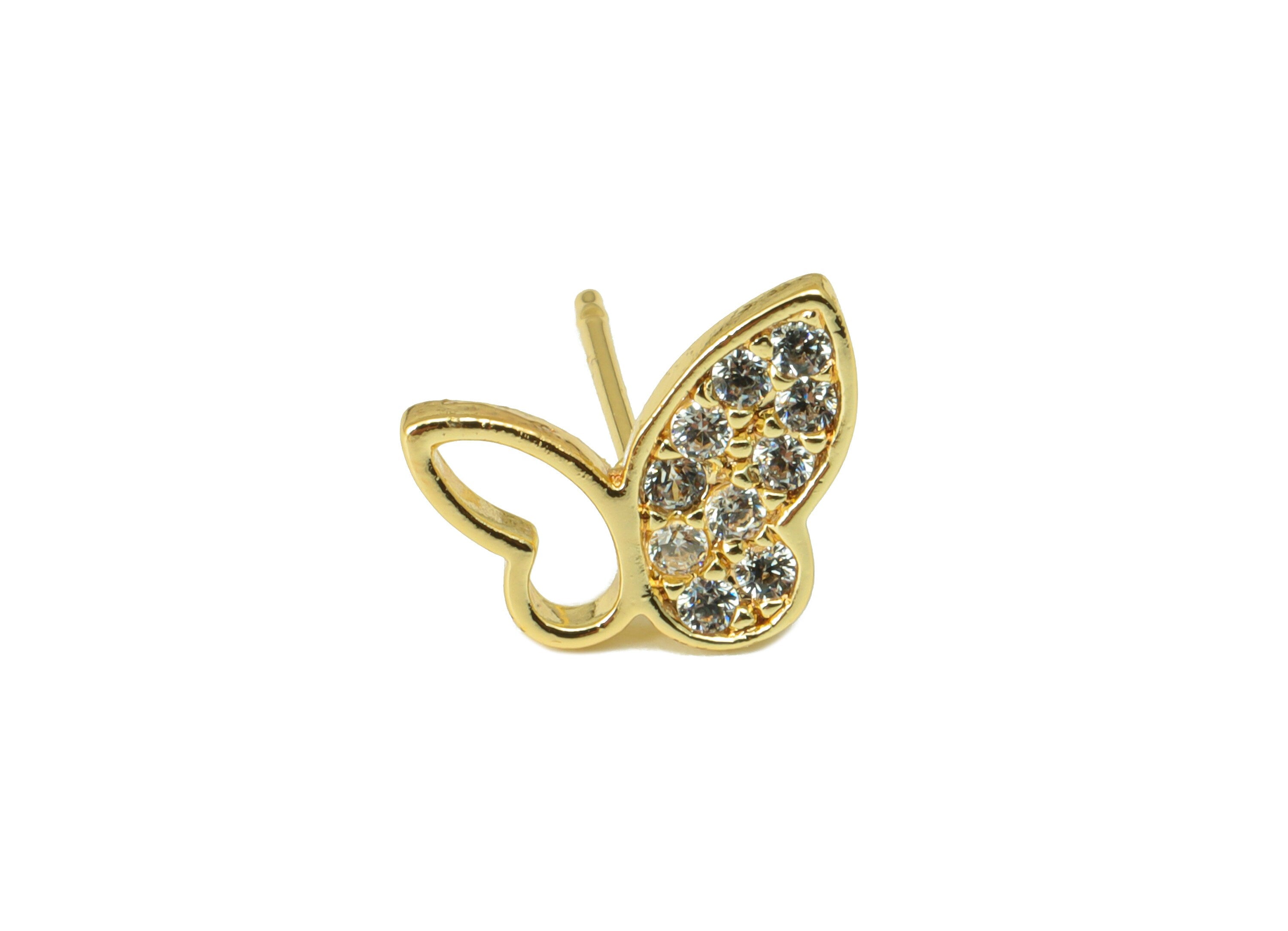 Brass Butterfly Earring Stud - Brass Cubic Zirconia Earring Post- CZ Butterfly Earring Post - 18k Real Gold plated -8.82x11.4x1.42mm-RGP6609 - DOMEDBAZAAR