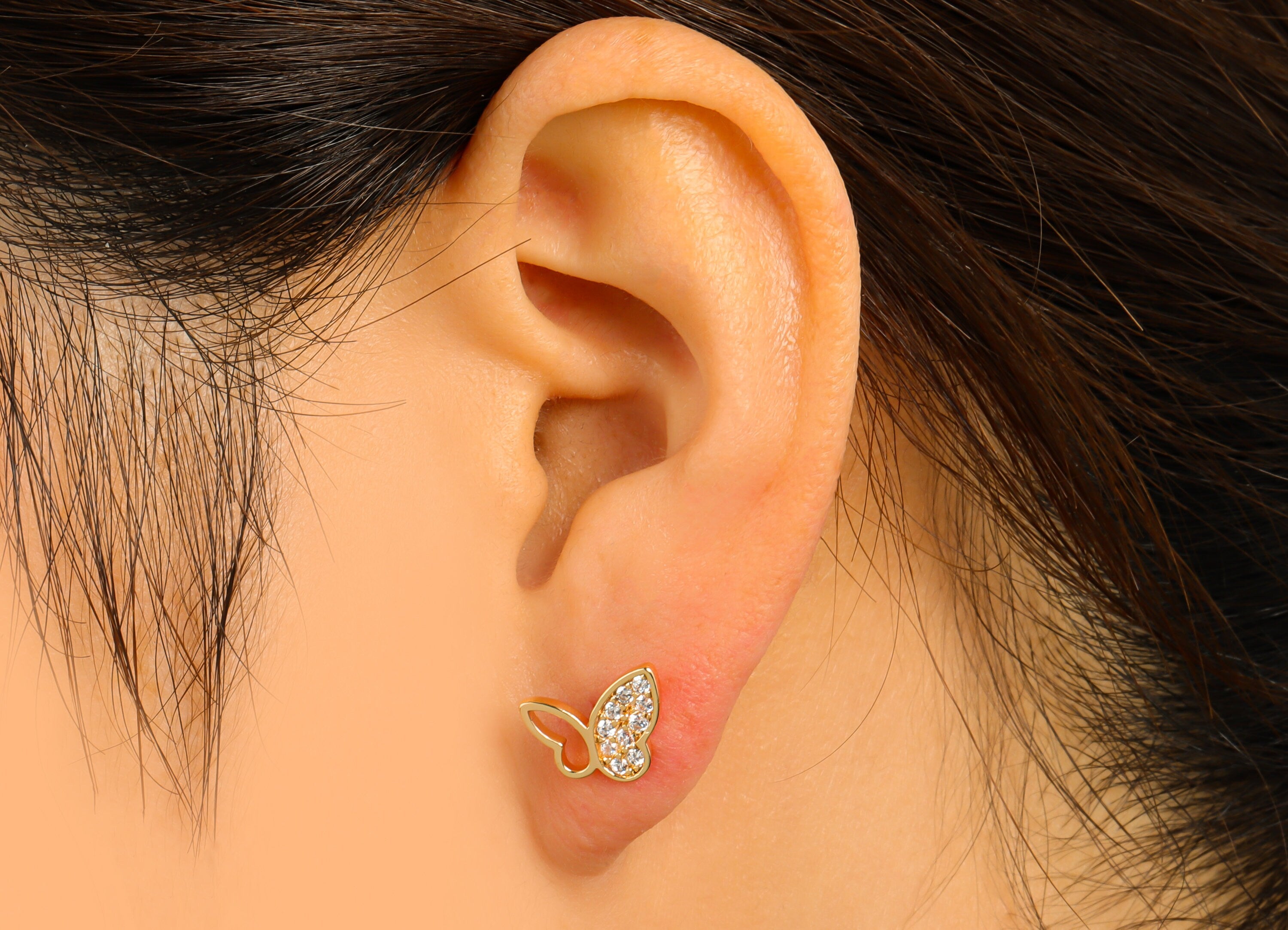 Brass Butterfly Earring Stud - Brass Cubic Zirconia Earring Post- CZ Butterfly Earring Post - 18k Real Gold plated -8.82x11.4x1.42mm-RGP6609 - DOMEDBAZAAR