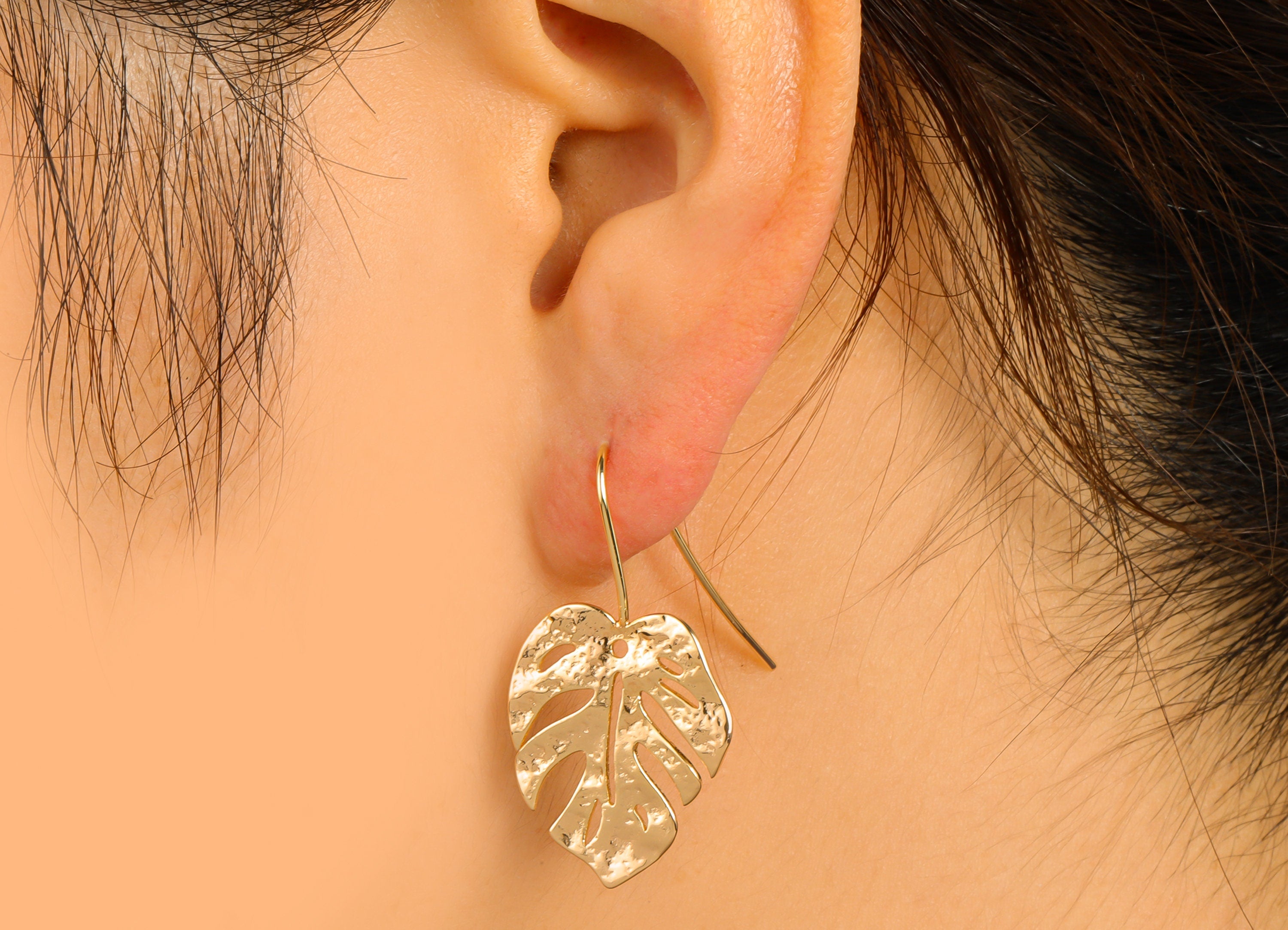 Brass Monstera Ear Wires Earring - Leaf Hook Earring -Textured Botanical Earring - Ear Earring Wire - 18k Real Gold plated-24x20x1mm-RGP6610 - DOMEDBAZAAR