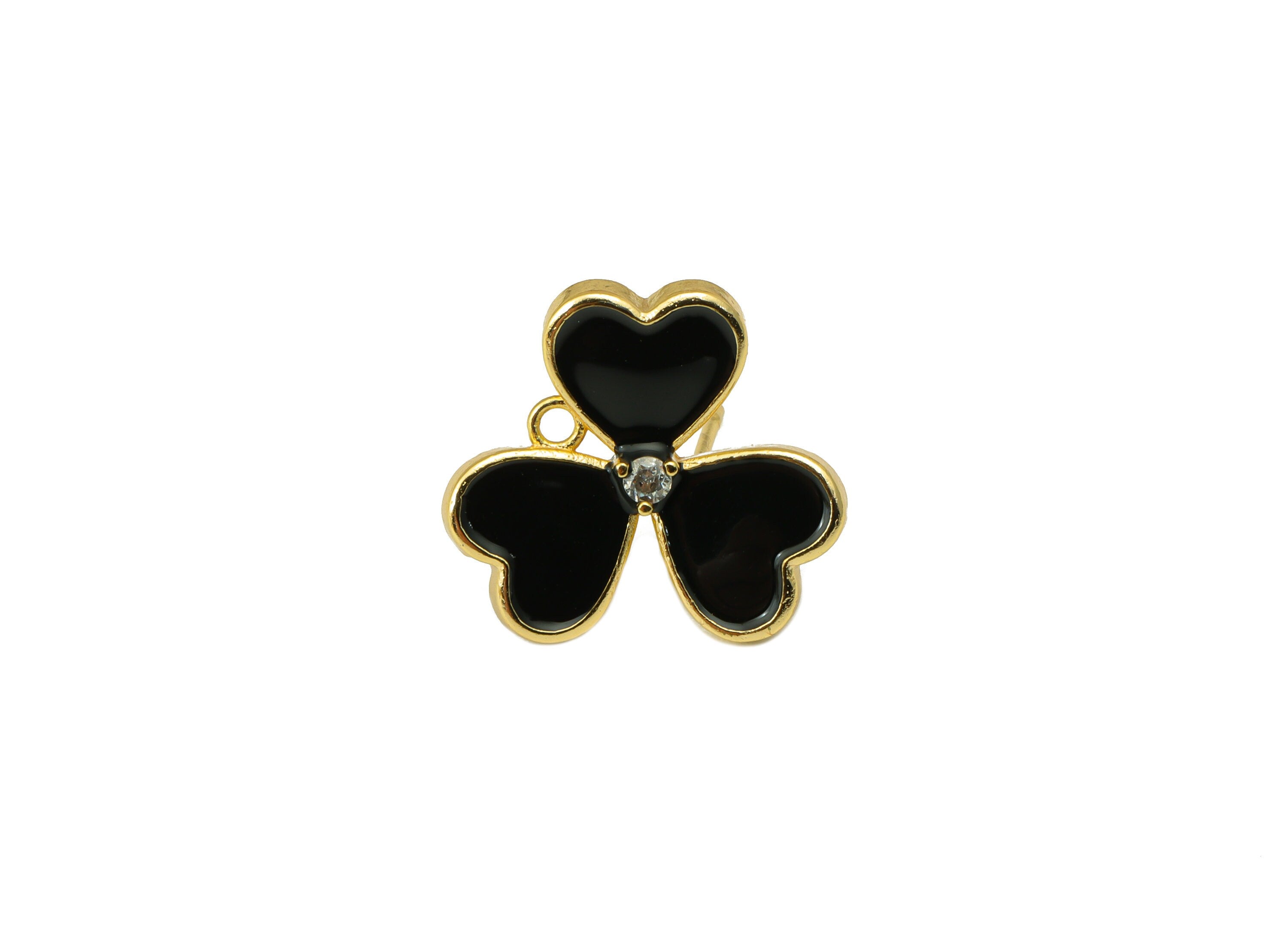 Brass Leaves Earring Stud - Enamel Zircon Clover Heart Earring Post - 316 Stainless Steel - 18k Real Gold Plating -16.1x16.1x1.9mm -RGP5233E - DOMEDBAZAAR