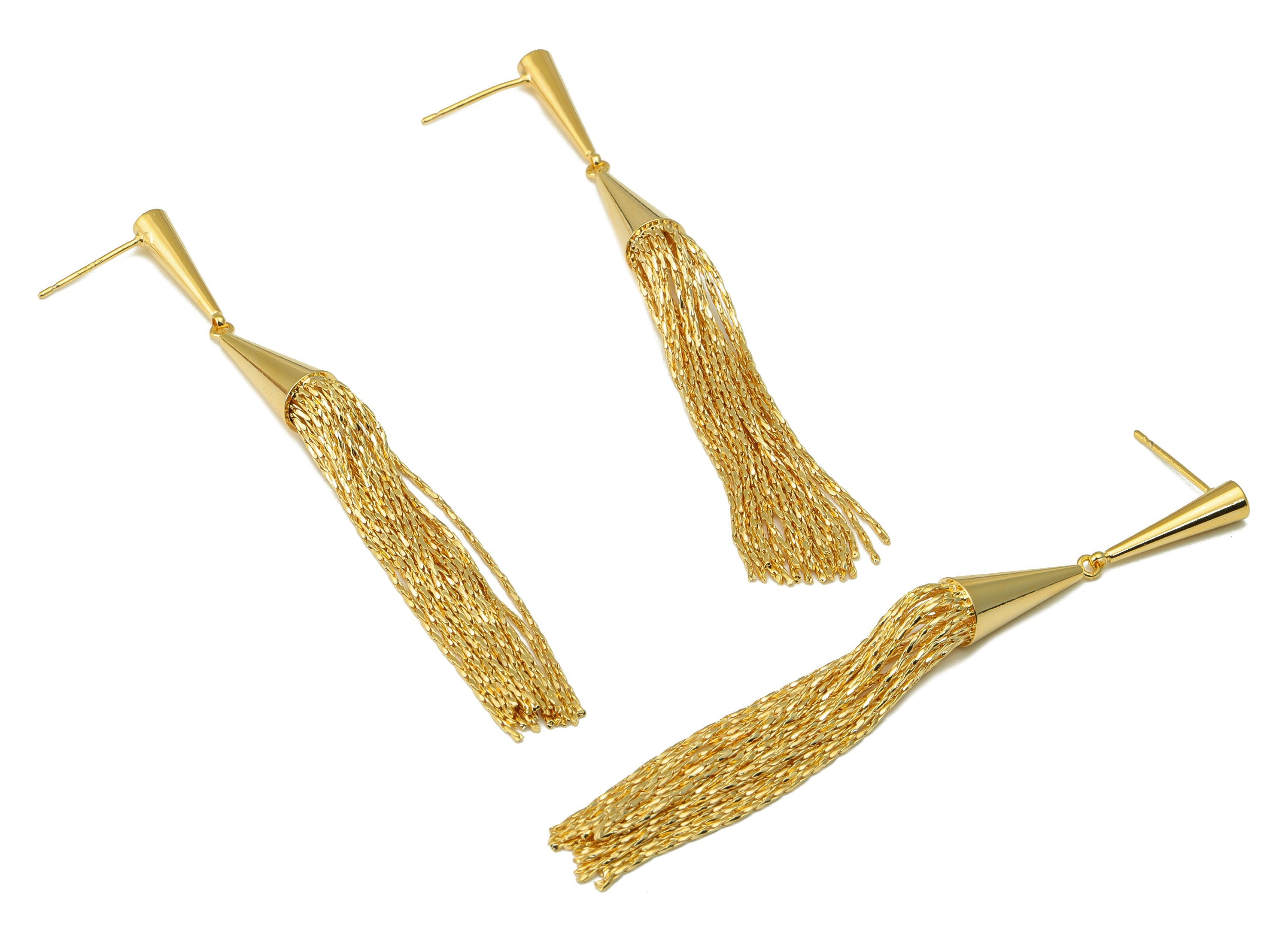 Brass Cone Earring Stud - Hanging Earring Post - Tassel Earring Post -Snake Chain Dangle Earring- 18k Real Gold plated - 81x7x7mm-RGP6665 - DOMEDBAZAAR
