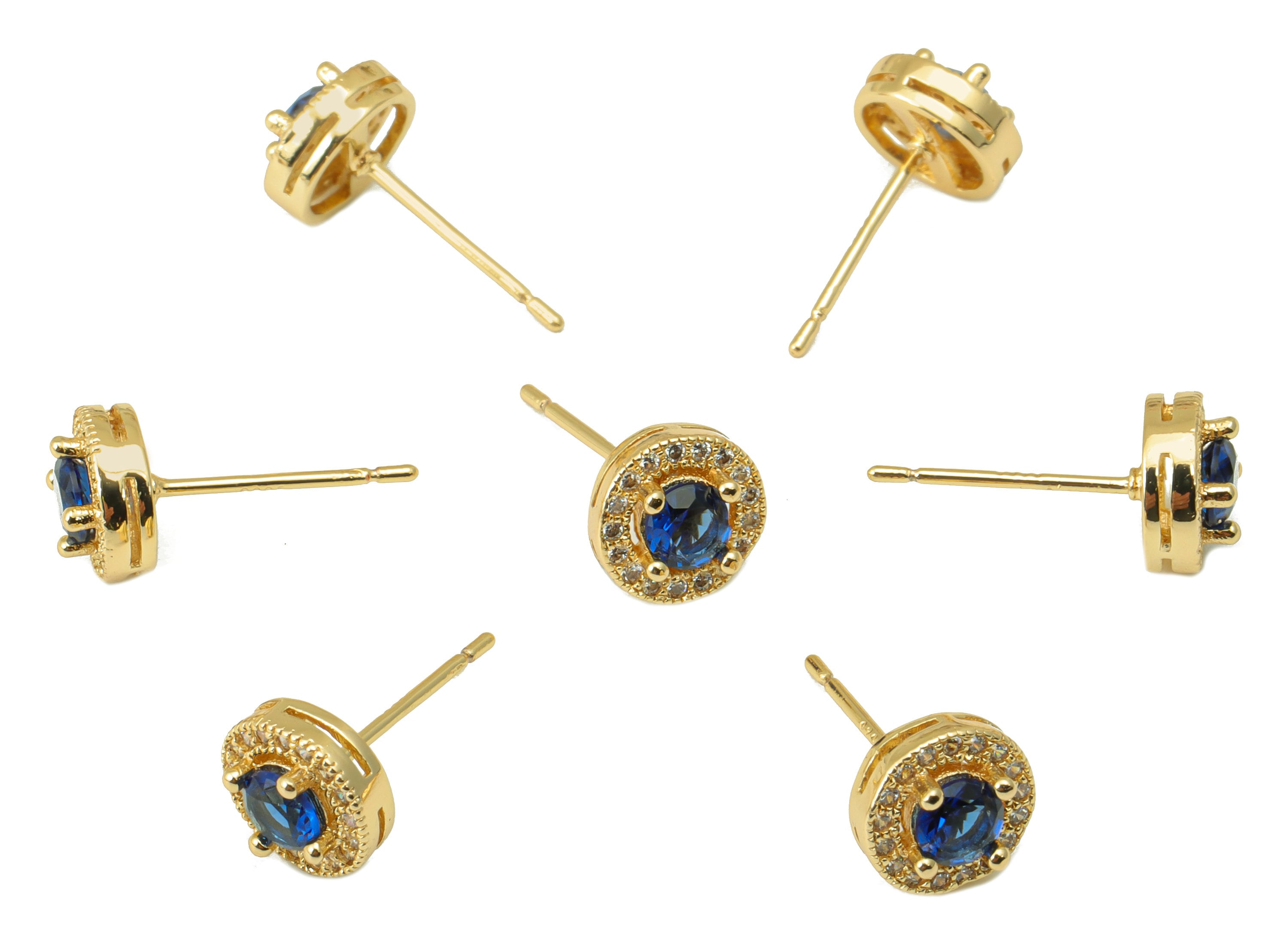 Brass Round Earring Stud - Brass Cubic Zirconia Earring Post- Blue CZ Earring Post - 18k Real Gold plated -15.57x7.98x3.73mm-RGP6656 - DOMEDBAZAAR