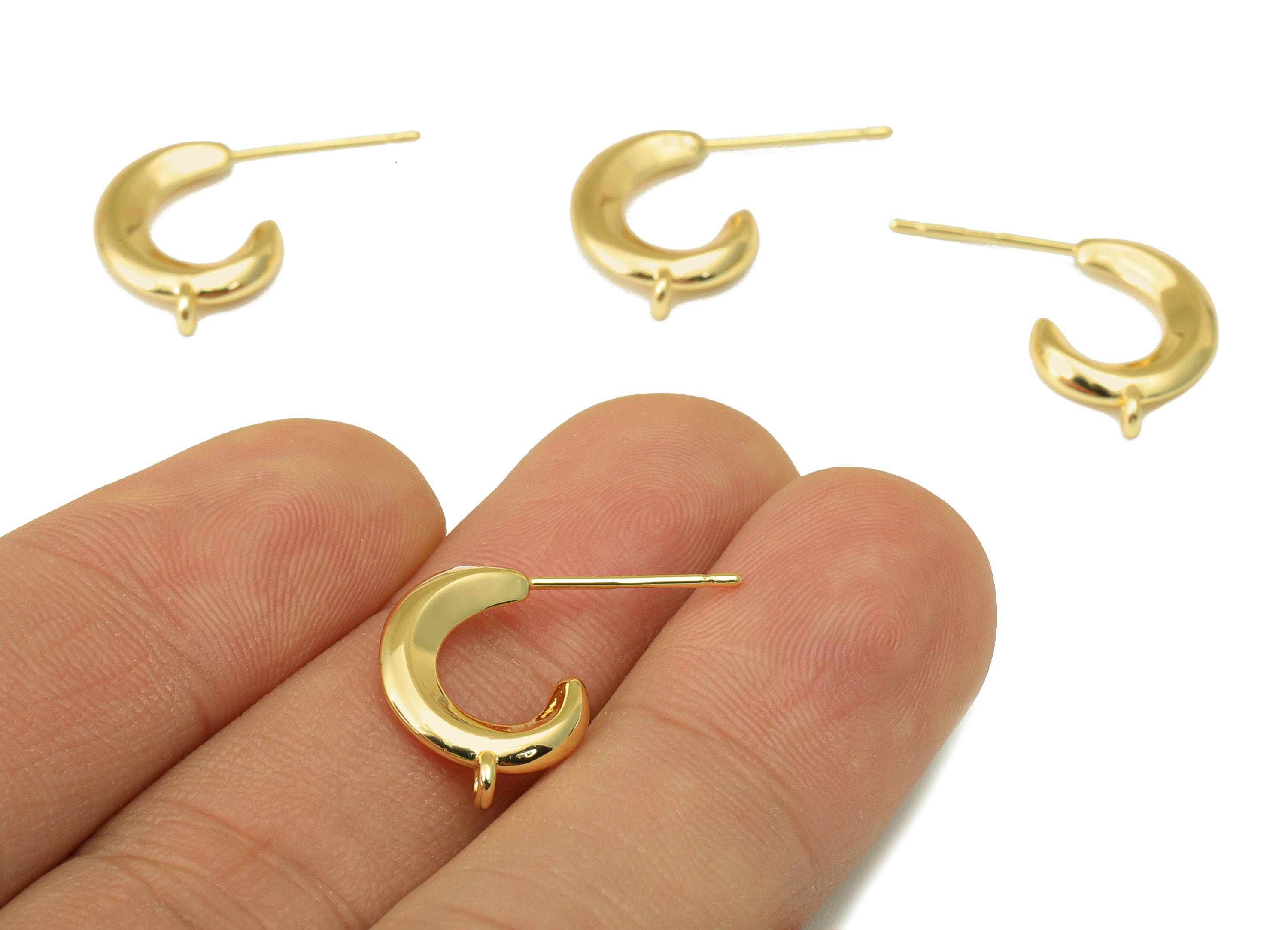 Brass Crescent Earring Stud - Brass Gold Moon Earring Post - Brass Moon Earring Post with Loop - 18k Real Gold plated - 20x17x3mm-RGP6588 - DOMEDBAZAAR