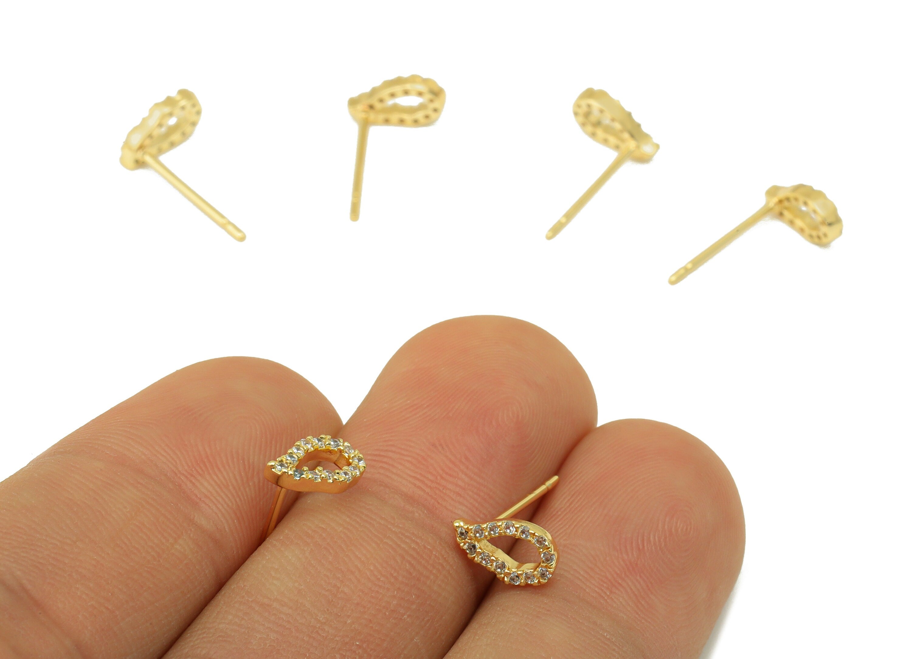 Brass Teardrop Earring Stud - Brass Cubic Zirconia Posts - CZ Drop Earring Stud - Stainless Steel -18K Real Gold Plated - 8x5x2mm - RGP6469 - DOMEDBAZAAR