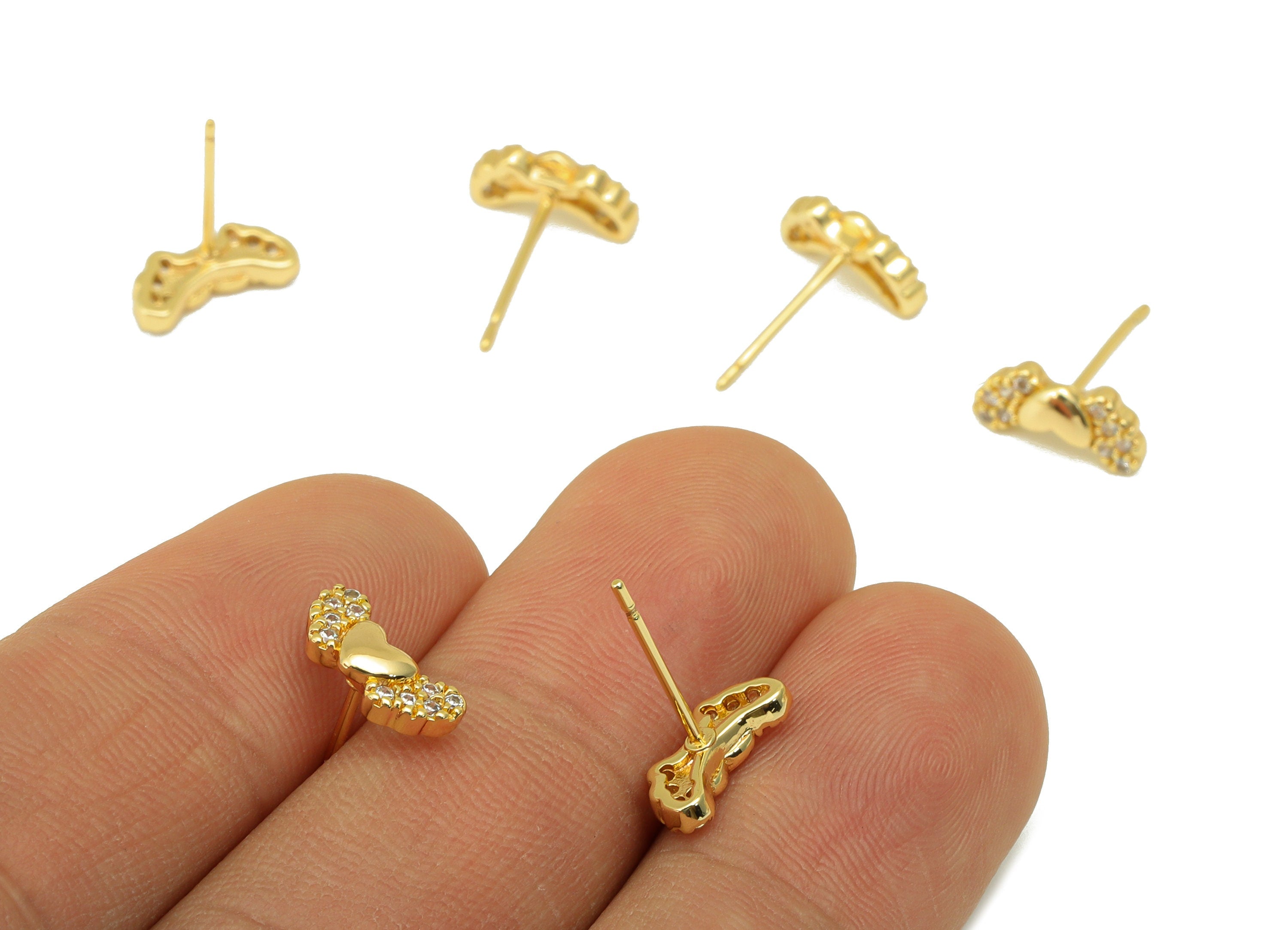 Brass Heart Earring Stud - Cubic Zirconia Earring Post - Butterfly Bow Stud - Heart Wings Earring - 18K Real Gold Plated - 11x5x2mm- RGP6403 - DOMEDBAZAAR