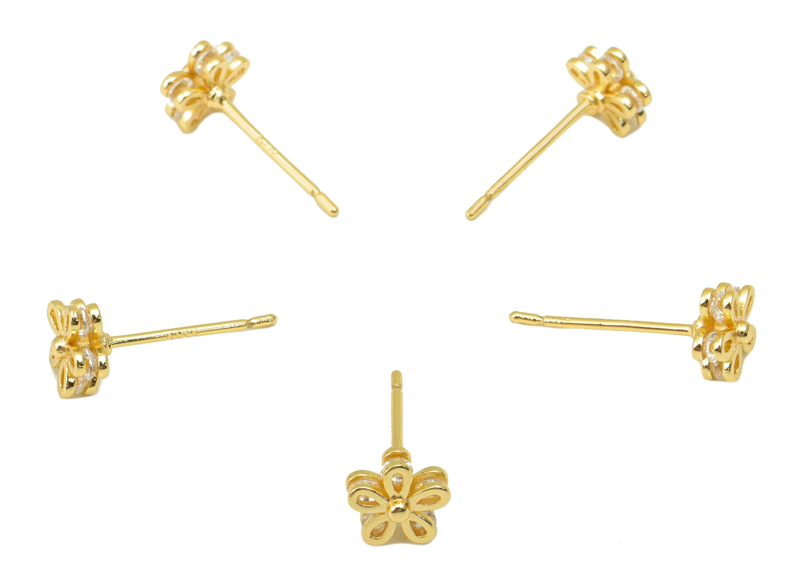Brass Flower Earring Stud - Cubic Zirconia Earring Post - CZ Daisy Stud - Mini Flower - 18K Real Gold Plated - 6.1x6.1x 2.18mm- RGP6404 - DOMEDBAZAAR