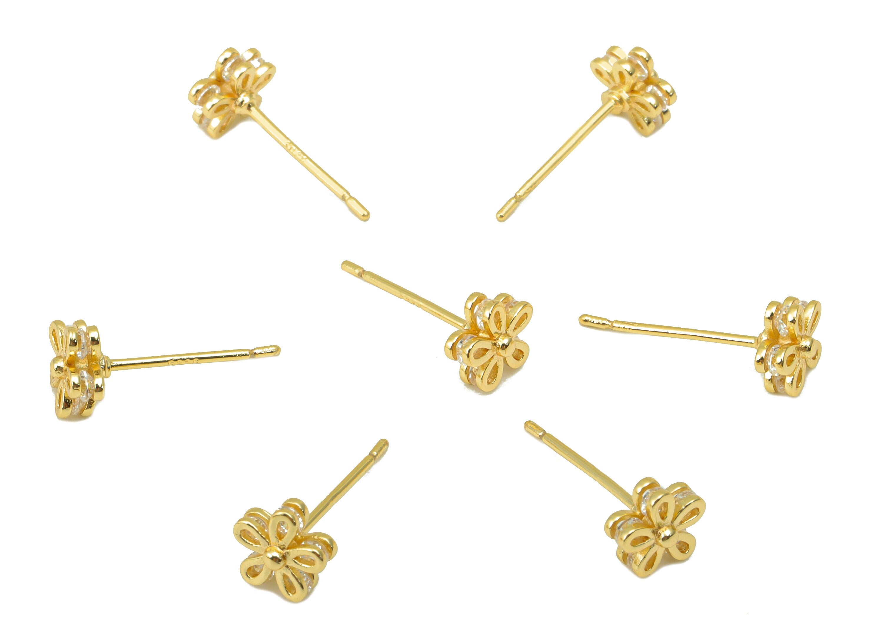 Brass Flower Earring Stud - Cubic Zirconia Earring Post - CZ Daisy Stud - Mini Flower - 18K Real Gold Plated - 6.1x6.1x 2.18mm- RGP6404 - DOMEDBAZAAR