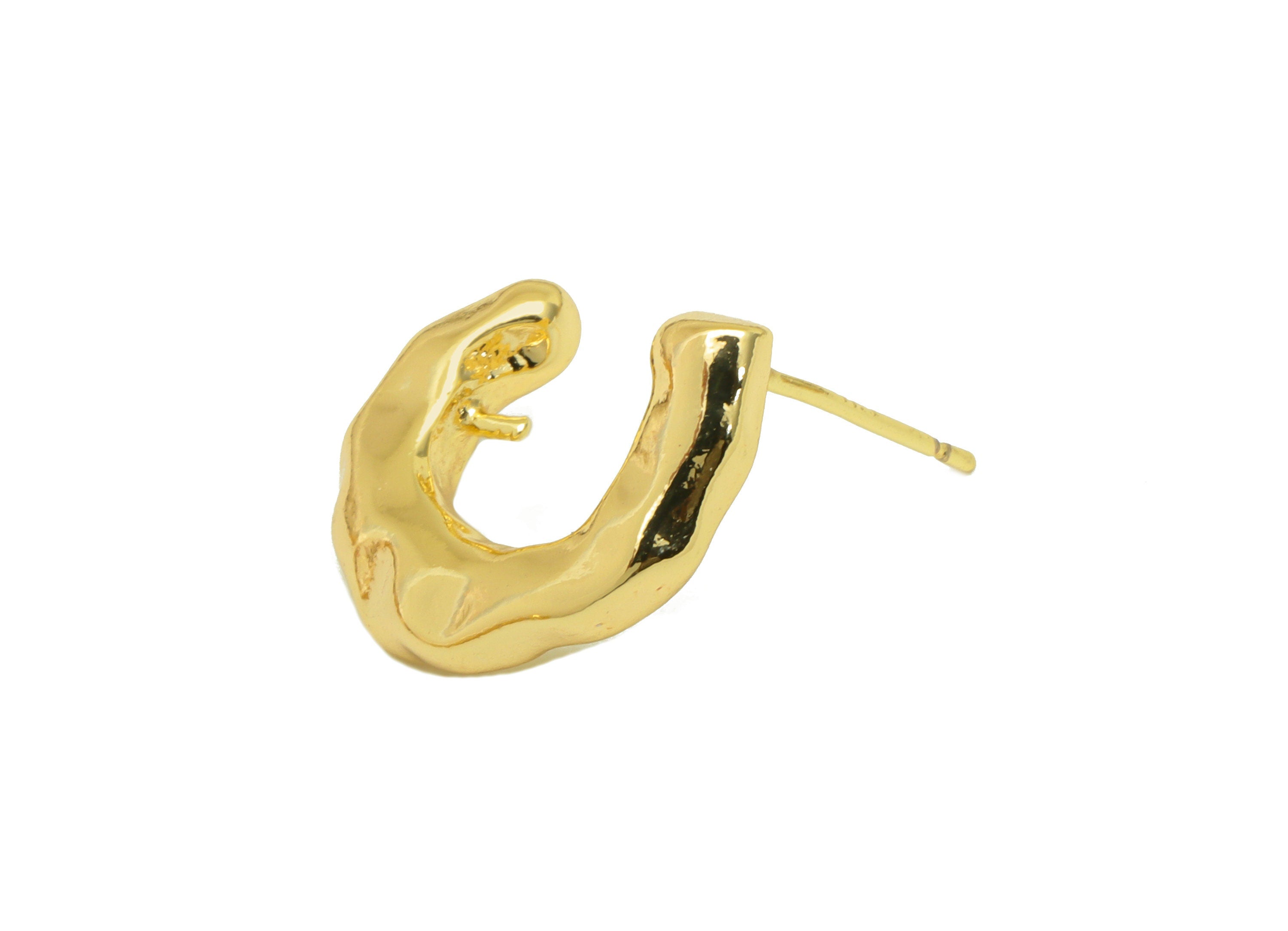 Brass Open Hoop Earring Stud - Textured Thick Earring Post - Hoop C Stud - Hammered Post - 18K Real Gold Plated - 18.29x17x 3.2mm- RGP6409 - DOMEDBAZAAR