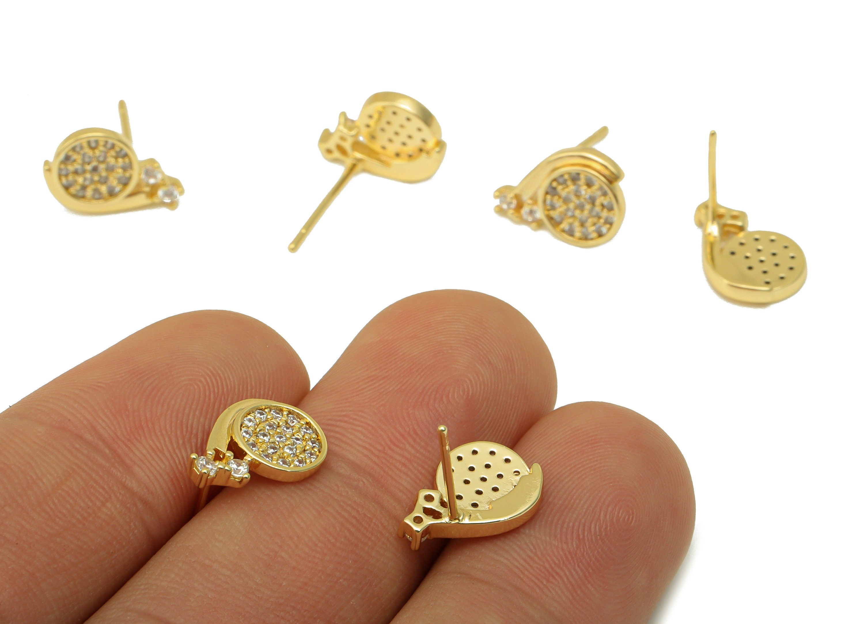 Brass Snail Earring Stud - Snail Earring Post - Animal Cubic Zirconia Stud - Stainless Steel - 18K Real Gold Plated - 13x9x 2.32mm- RGP6471 - DOMEDBAZAAR