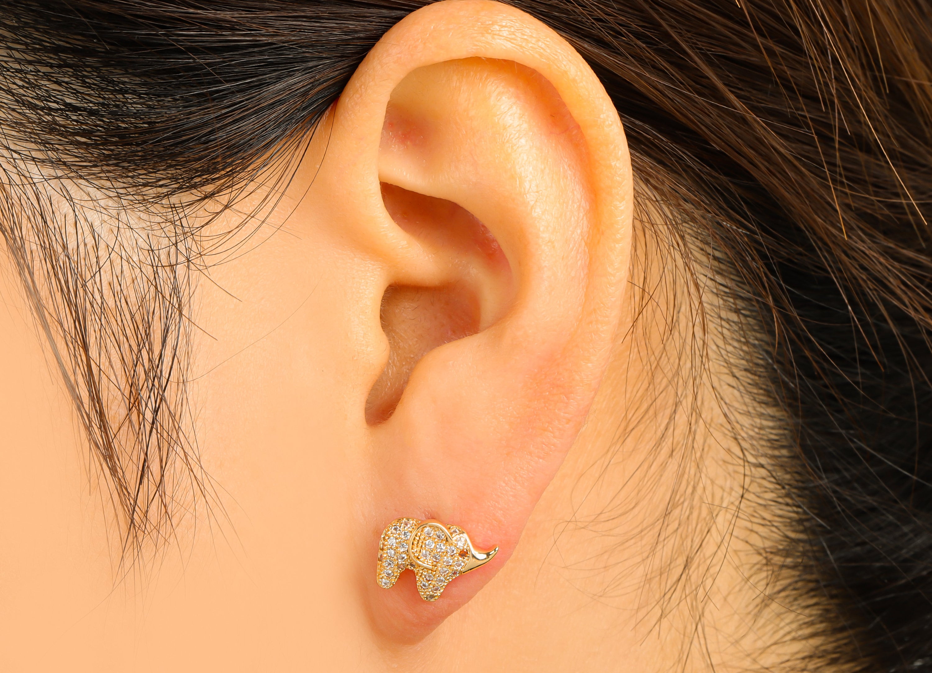Brass Elephant Earring Stud - Elephant Earring Post - Cubic Zirconia Stud - Stainless Steel - 18K Real Gold Plated - 13x9.19x2.69mm- RGP6444 - DOMEDBAZAAR