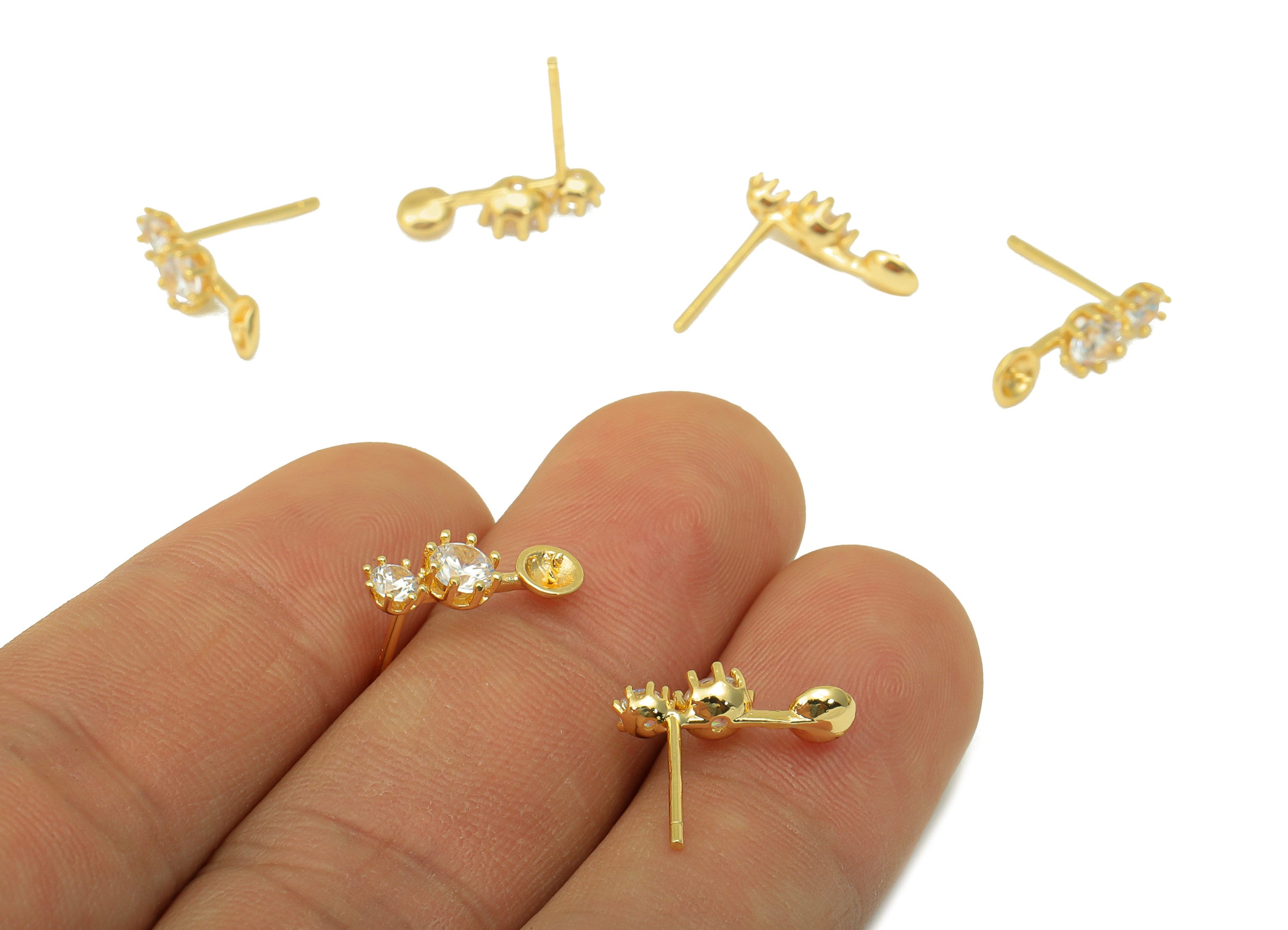 Brass Earring Stud - Round Earring Post - Cubic Zirconia Stud for Pearl - Stainless Steel - 18K Real Gold Plated-15x5x3mm- RGP6470 - DOMEDBAZAAR