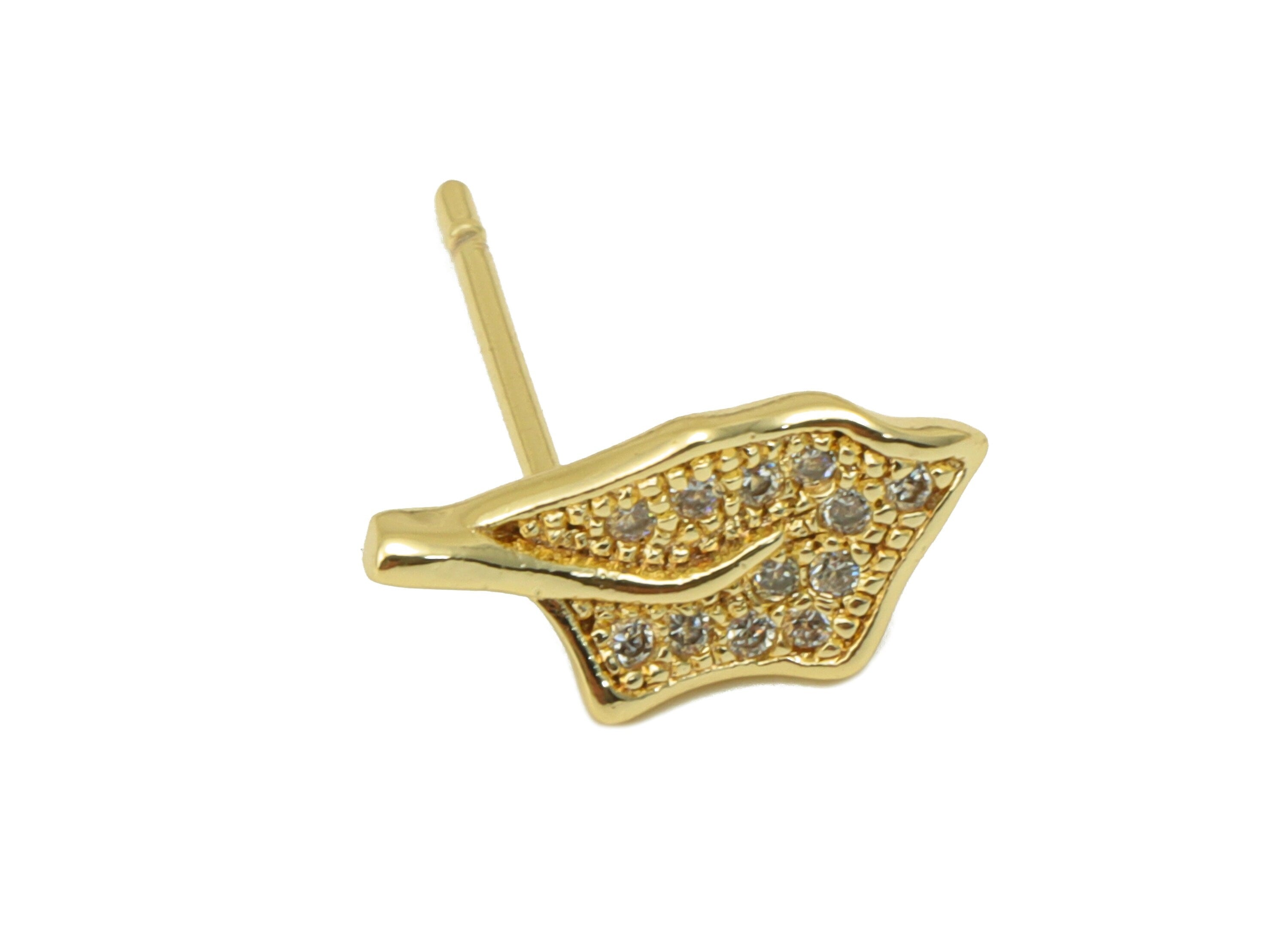 Brass Leaf Earring Stud - Holly Holm oak Earring Post - Cubic Zirconia Stud- Stainless Steel - 18K Real Gold Plated - 12x6 x 1.72mm- RGP6466 - DOMEDBAZAAR