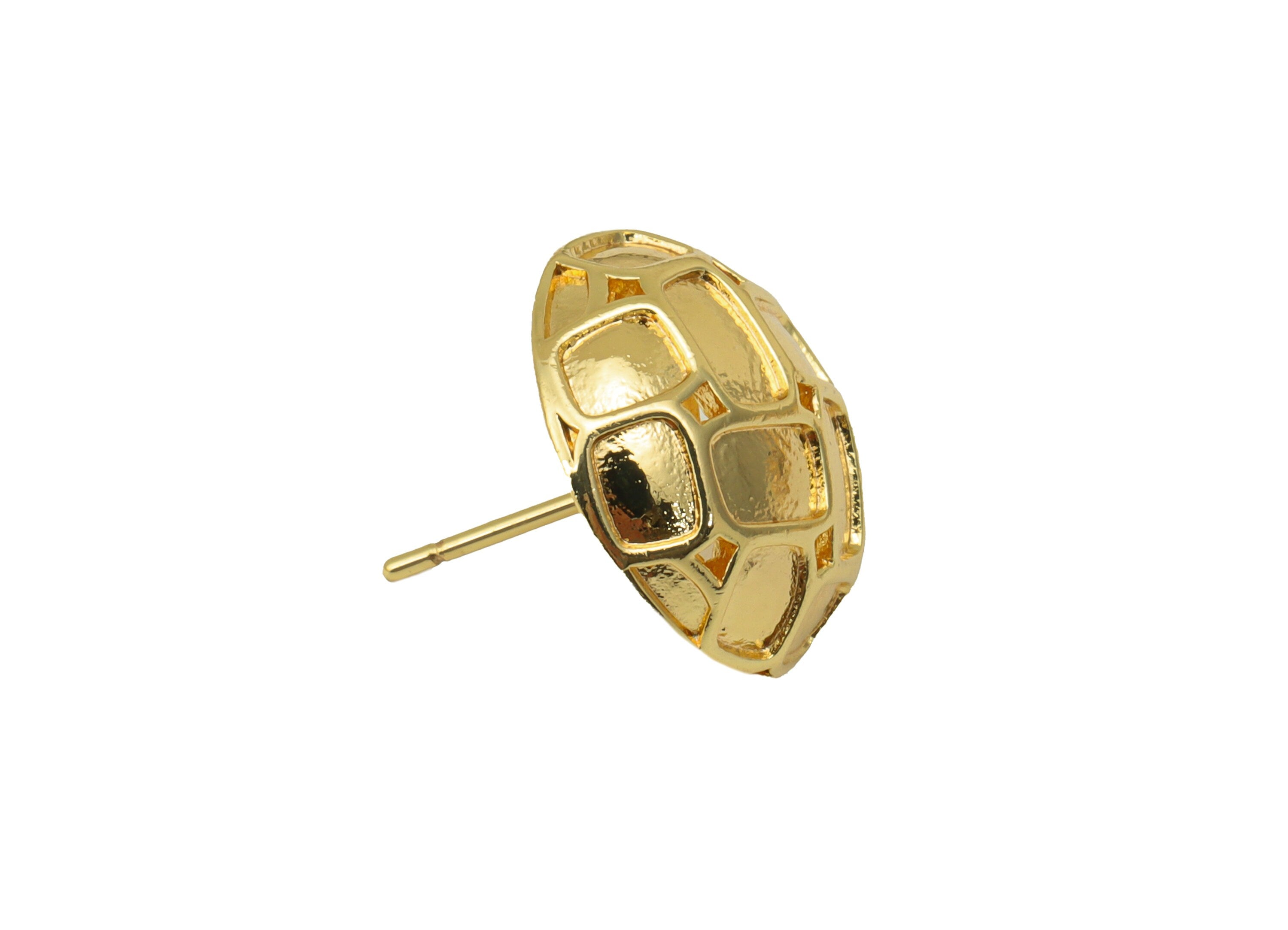 Brass Button Earring Stud - Hollow Flower Earring Post -Cubic Half Stud- Textured Earring Post - 18K Real Gold Plated -16x16x5mm- RGP6439 - DOMEDBAZAAR