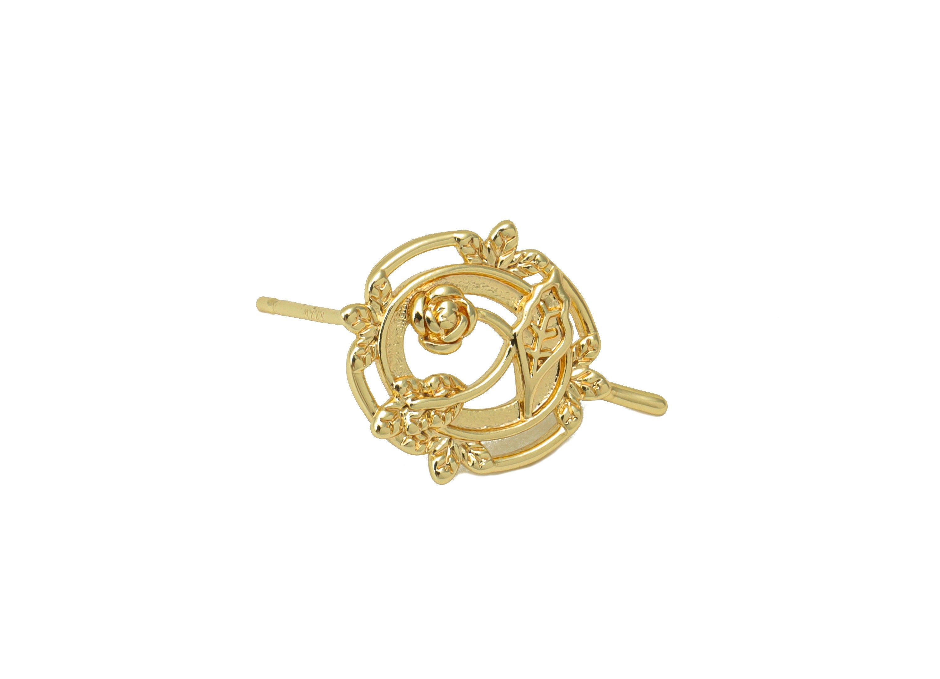 Brass Rose Fan Earring Stud - Flower Earring Post - Vintage Frame Looking Stud - Stainless Steel - 18K Real Gold Plated -18x13x2mm- RGP6473 - DOMEDBAZAAR