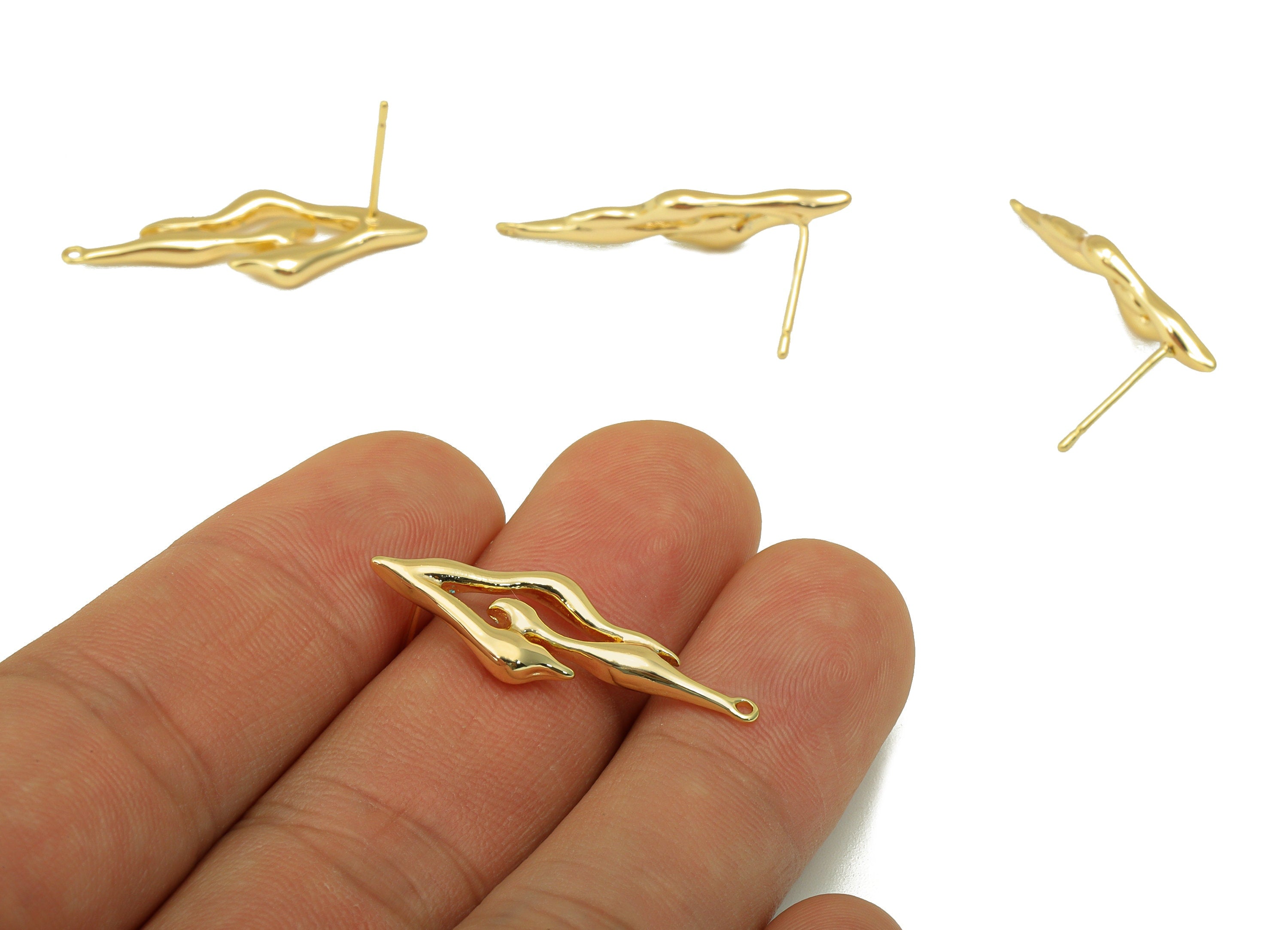 Brass Irregular Earring Stud - Burning Earring Post -Melting Stud With Loop -Melting Gold Earring - 18K Real Gold Plated -30x11x2mm- RGP6440 - DOMEDBAZAAR