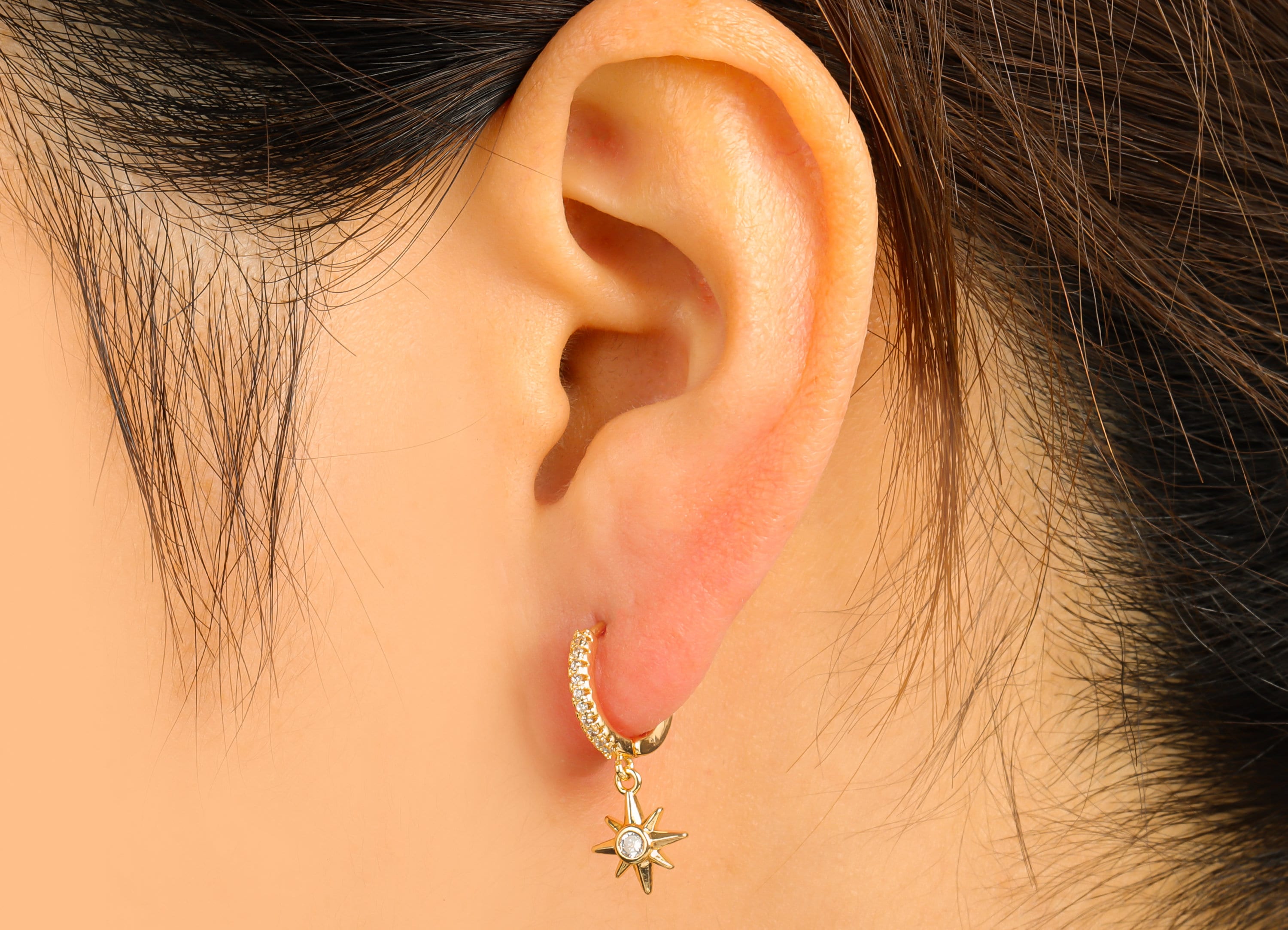 Brass North Star Earring Clasp - Brass Hoop Clasp -Star Huggie Hoop Clasp -Cubic Zirconia Clasp - 18K Real Gold Plated -23x13x1.8mm- RGP6472 - DOMEDBAZAAR