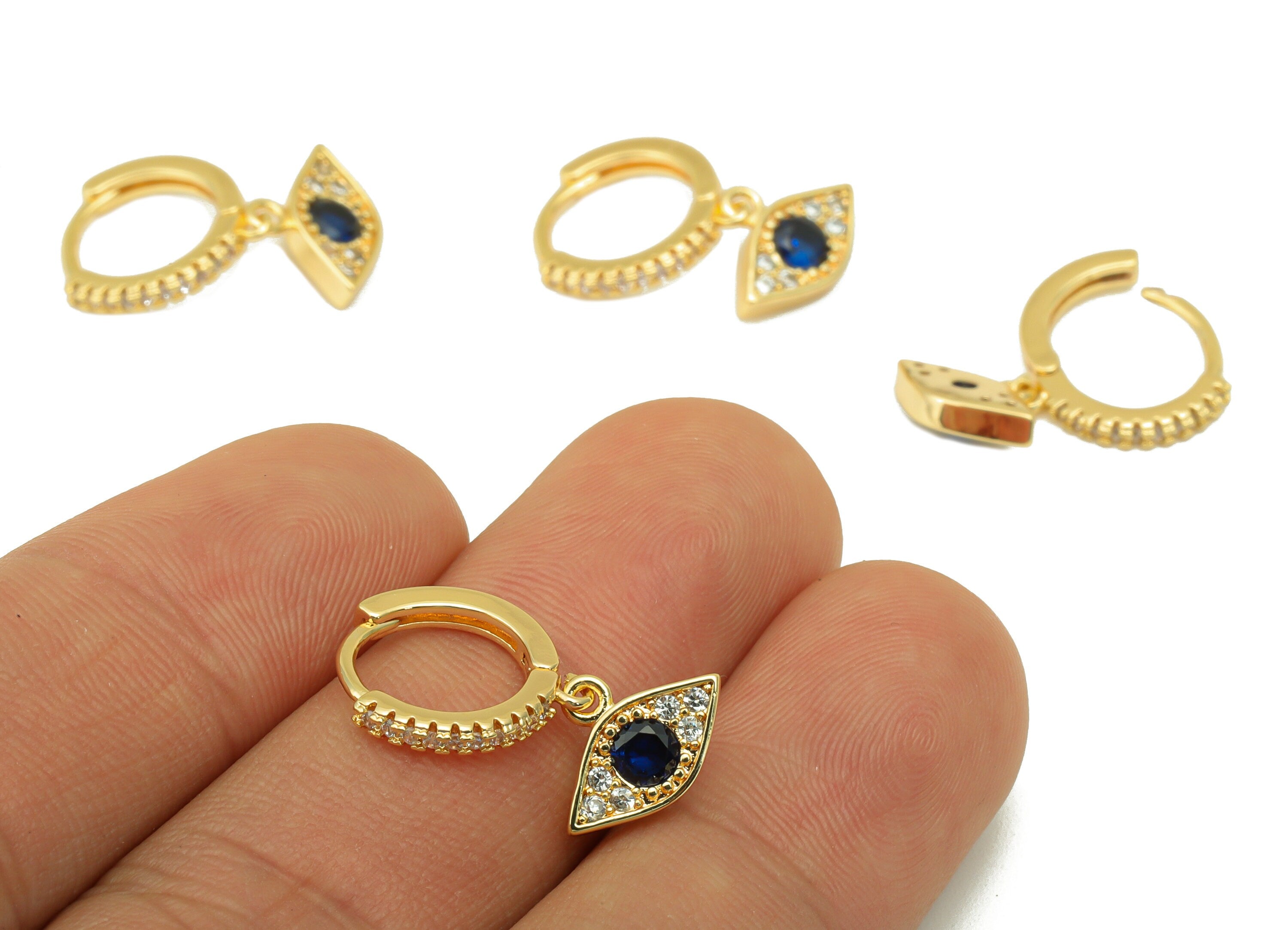 Brass Eye Earring Clasp - Brass Hoop Clasp - Blue Eye Huggie Hoop Clasp - Cubic Zirconia Clasp - 18K Real Gold Plated -21x13x1.9mm- RGP6459 - DOMEDBAZAAR