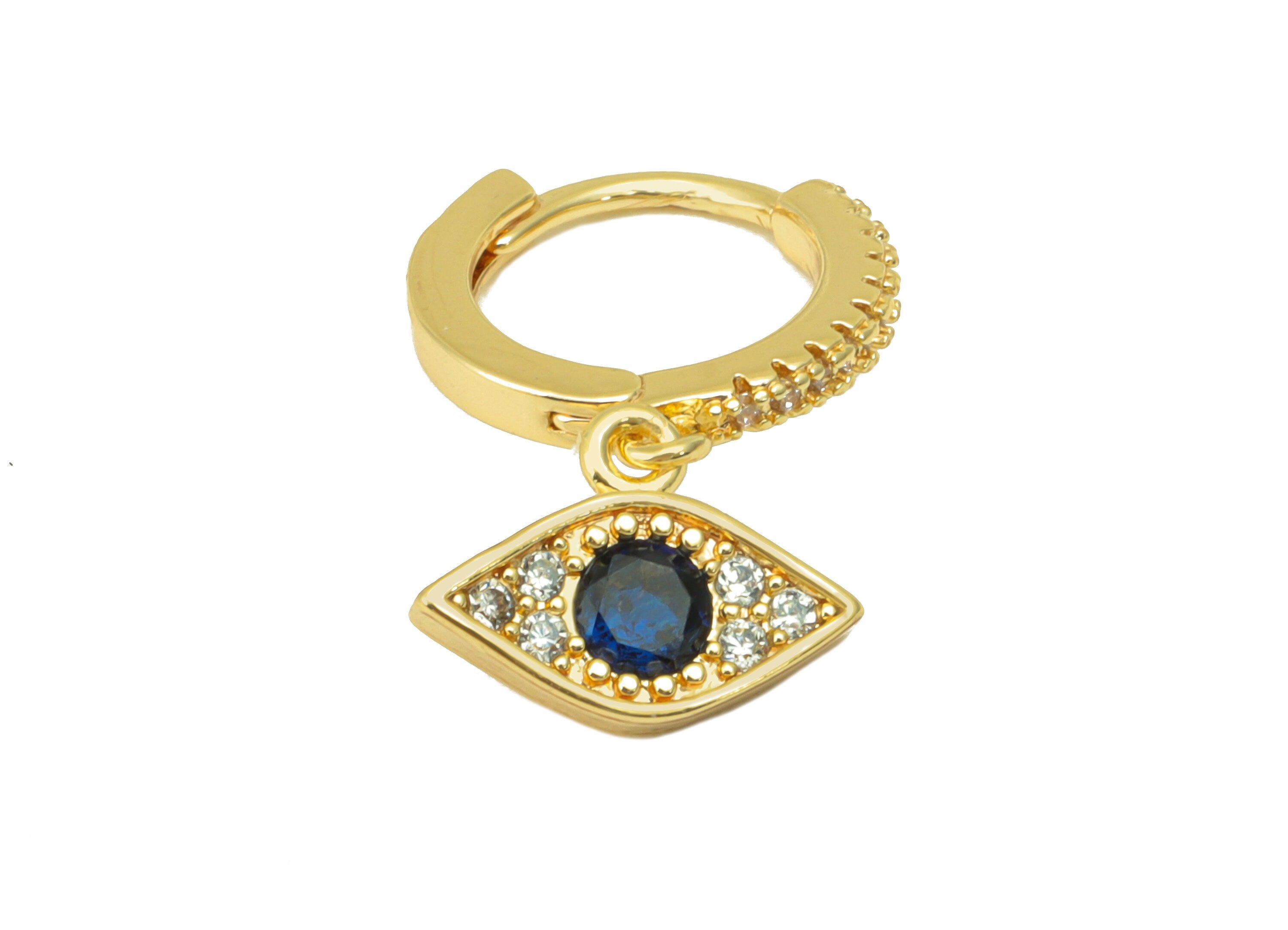 Brass Eye Earring Clasp - Brass Hoop Clasp - Blue Eye Huggie Hoop Clasp - Cubic Zirconia Clasp - 18K Real Gold Plated -21x13x1.9mm- RGP6459 - DOMEDBAZAAR