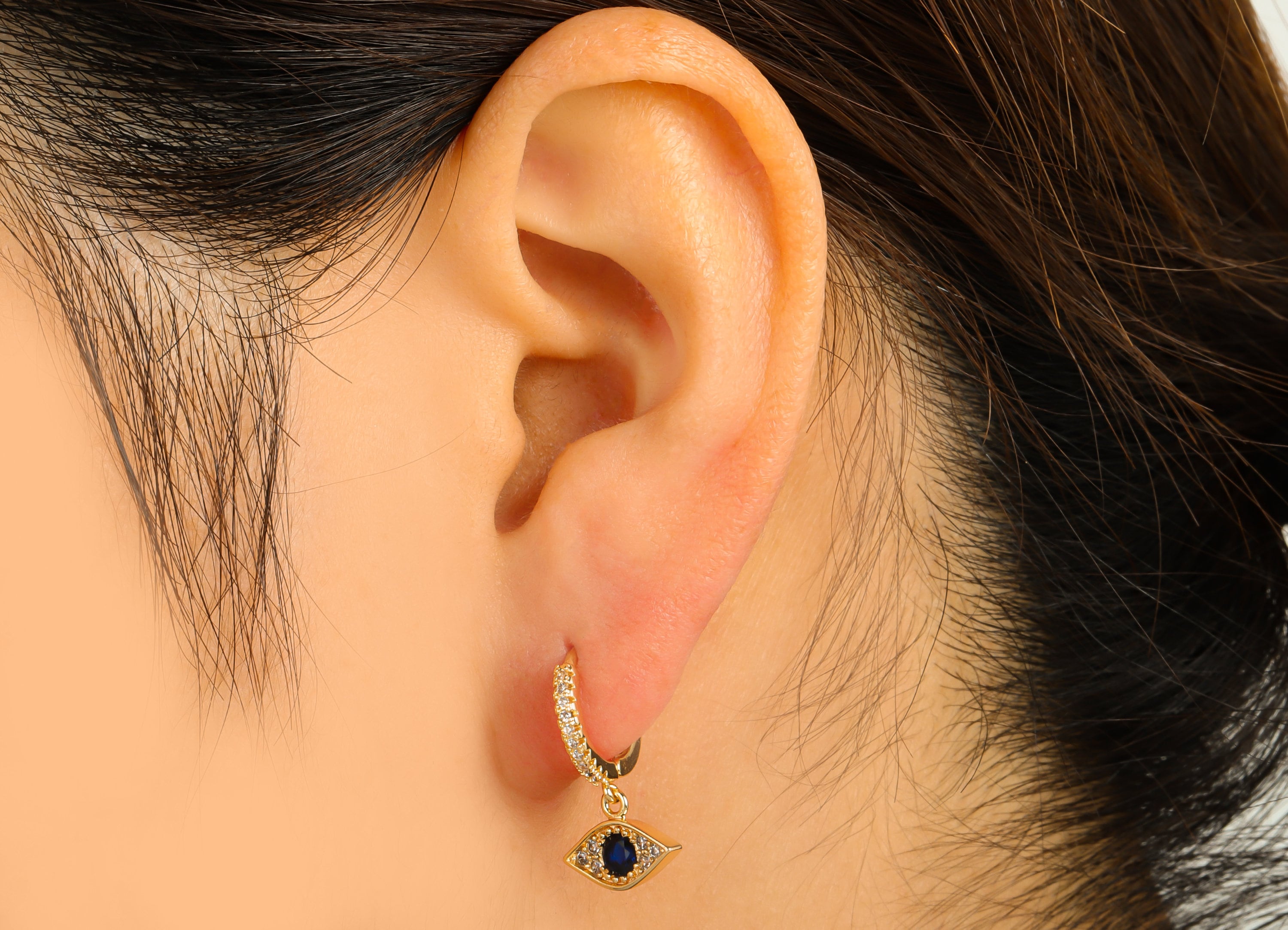 Brass Eye Earring Clasp - Brass Hoop Clasp - Blue Eye Huggie Hoop Clasp - Cubic Zirconia Clasp - 18K Real Gold Plated -21x13x1.9mm- RGP6459 - DOMEDBAZAAR