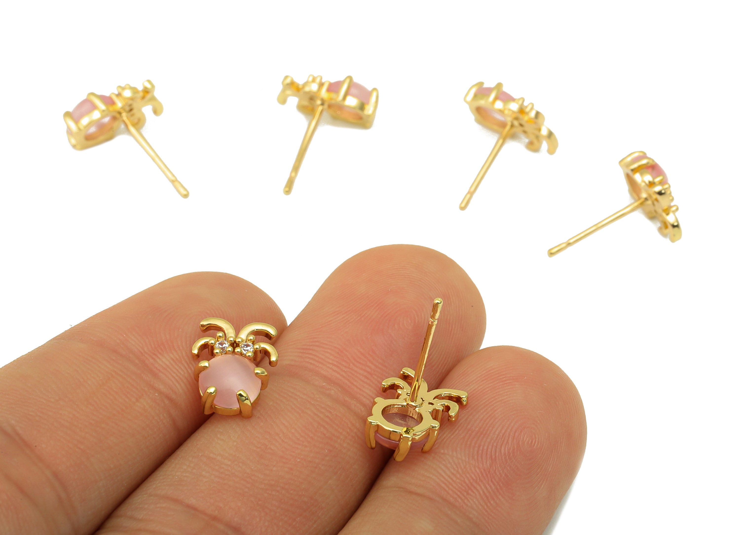 Brass Pink Jade Earring Stud - Insect Earring Post - Brass Fruit Earring Post - Cubic Zirconia - 18K Real Gold Plated -11x8x3.58mm- RGP6682 - DOMEDBAZAAR