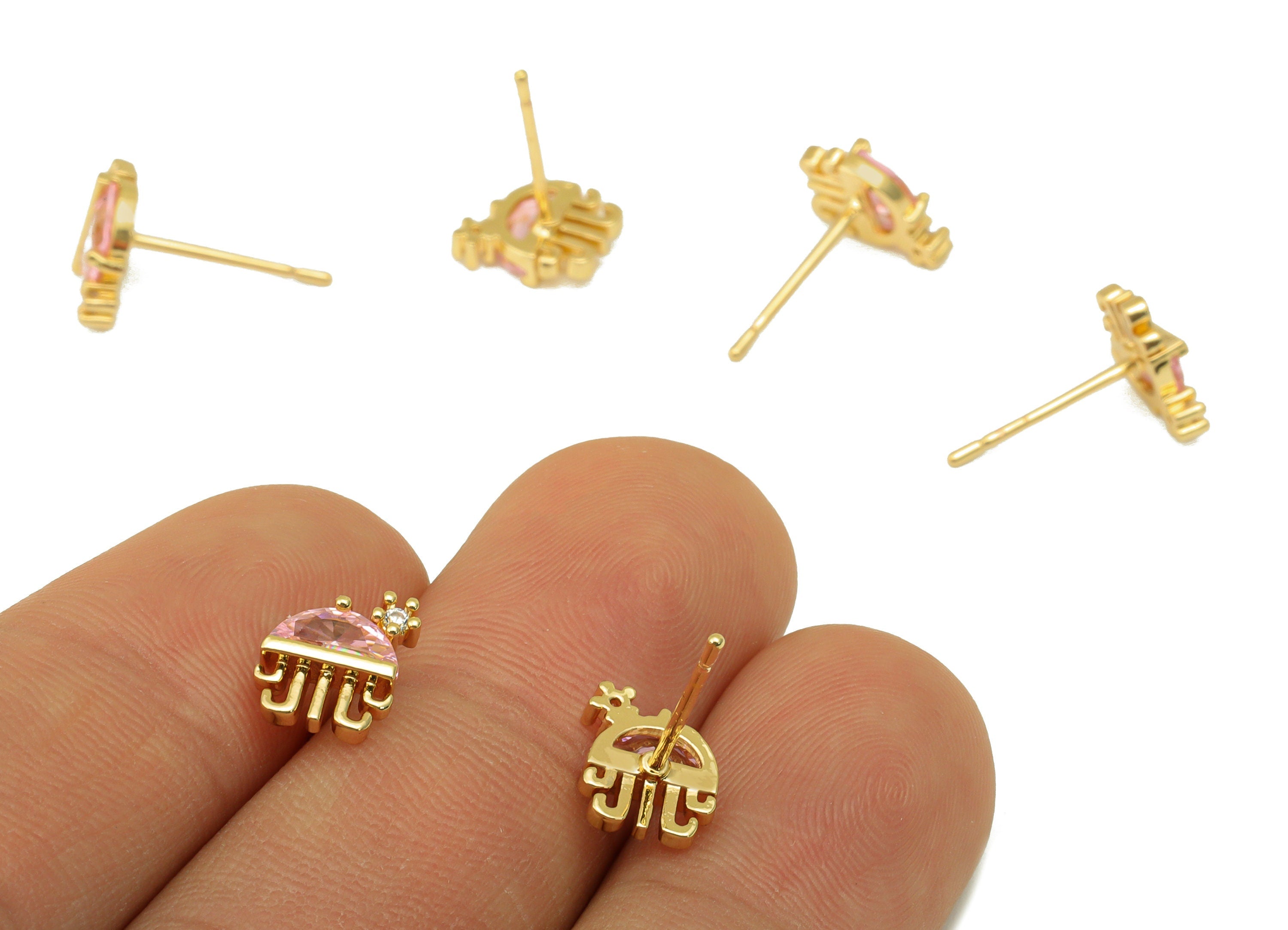 Brass Jellyfish Earring Stud - Pink Jellyfish Earring Post - Marine Earring Post - Cubic Zirconia - 18K Real Gold Plated -9x7x2mm- RGP6684 - DOMEDBAZAAR