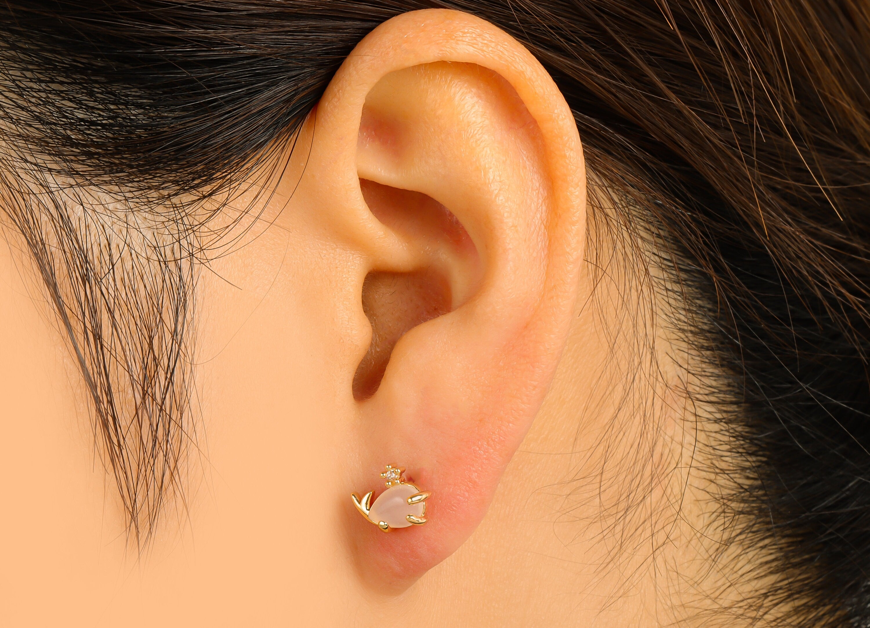 Brass Whale Earring Stud - Pink Whale Earring Post - Marine Earring Post - Cubic Zirconia - 18K Real Gold Plated -10x 7.88x 3.58mm- RGP6685 - DOMEDBAZAAR