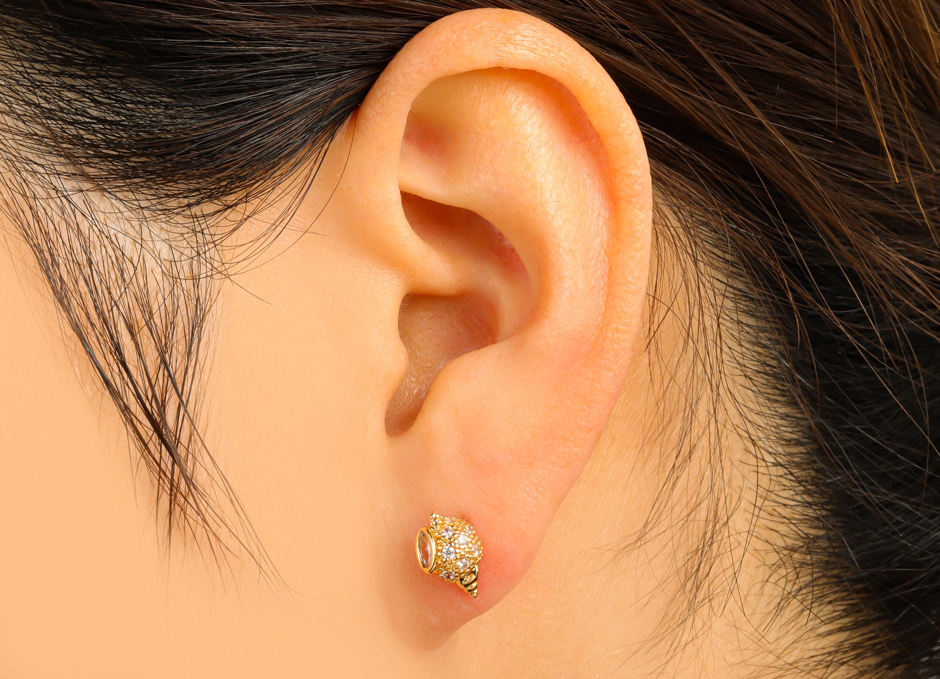 Brass Conch Earrings Stud - Seashell Earring Post -Whelk Seashell Stud Earring - Cubic Zirconia - 18K Real Gold Plated -29x25x2mm- RGP6312 - DOMEDBAZAAR