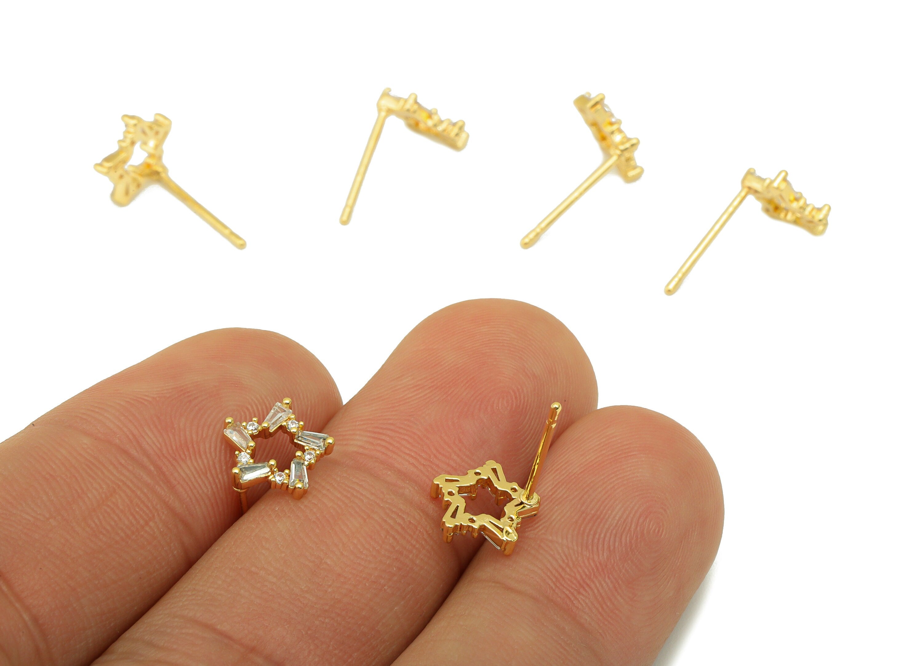 Brass Star Earrings Studs - Brass Cubic Zircon Heart Earring Post - CZ Earring Post - 18K Real Gold Plated -8.55x 8.55x 1.47mm- RGP6390 - DOMEDBAZAAR