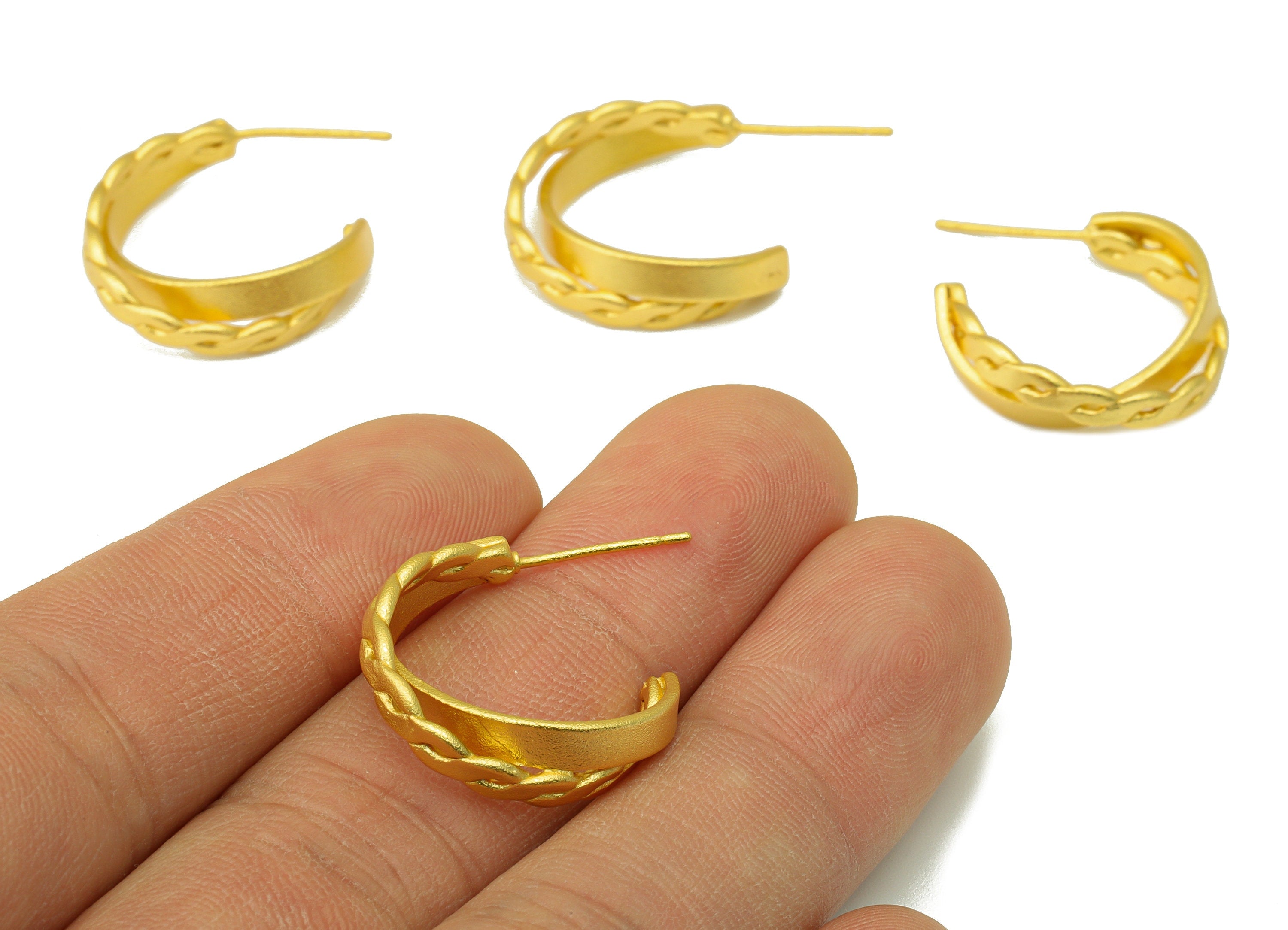 Brass Open Hoop Earring Stud - Brass Textured Chain Earring Post - Braid Hoop Earring Post - 18k Real Gold plated -26x20x3mm-RGP6630 - DOMEDBAZAAR