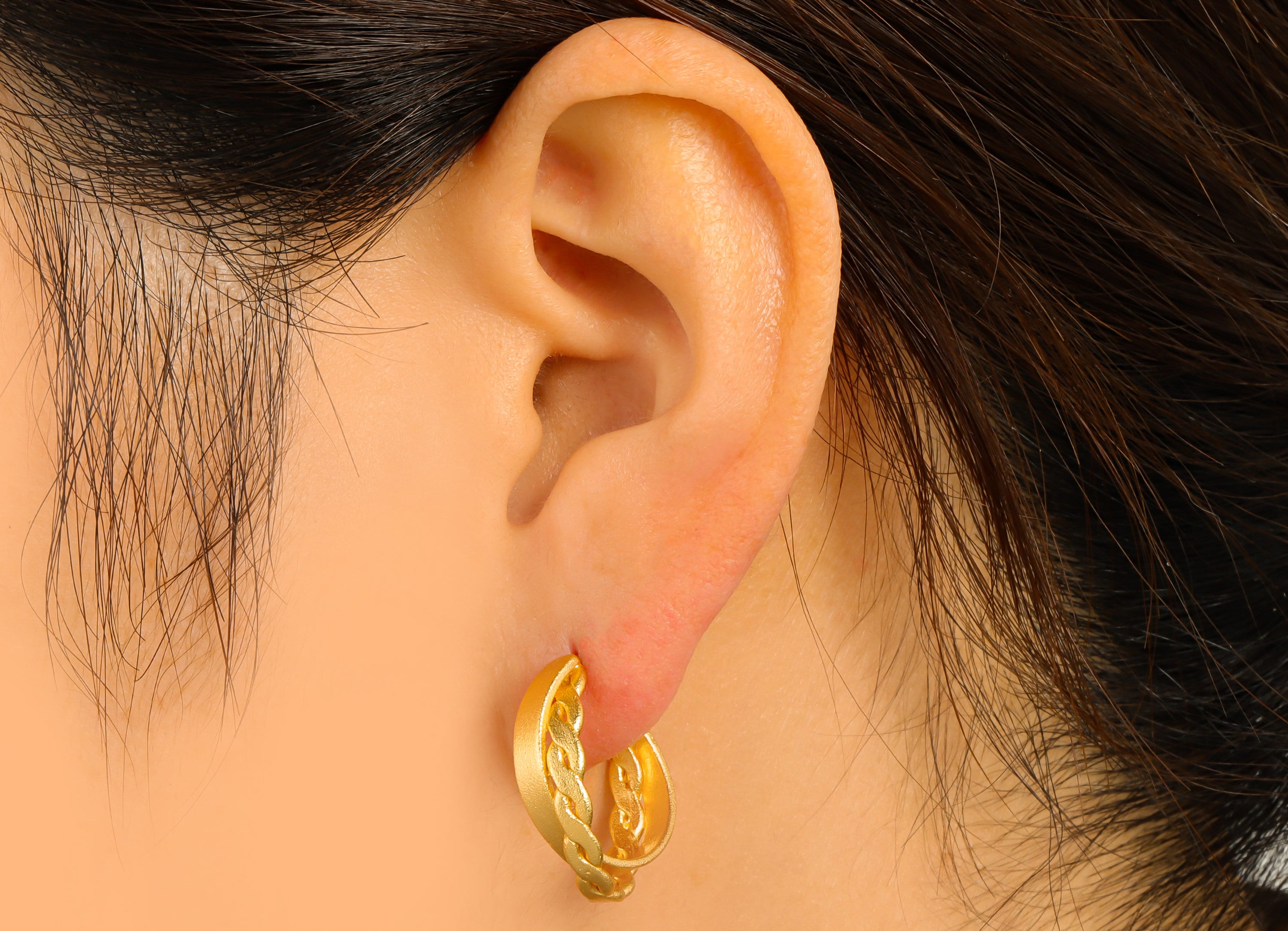 Brass Open Hoop Earring Stud - Brass Textured Chain Earring Post - Braid Hoop Earring Post - 18k Real Gold plated -26x20x3mm-RGP6630 - DOMEDBAZAAR