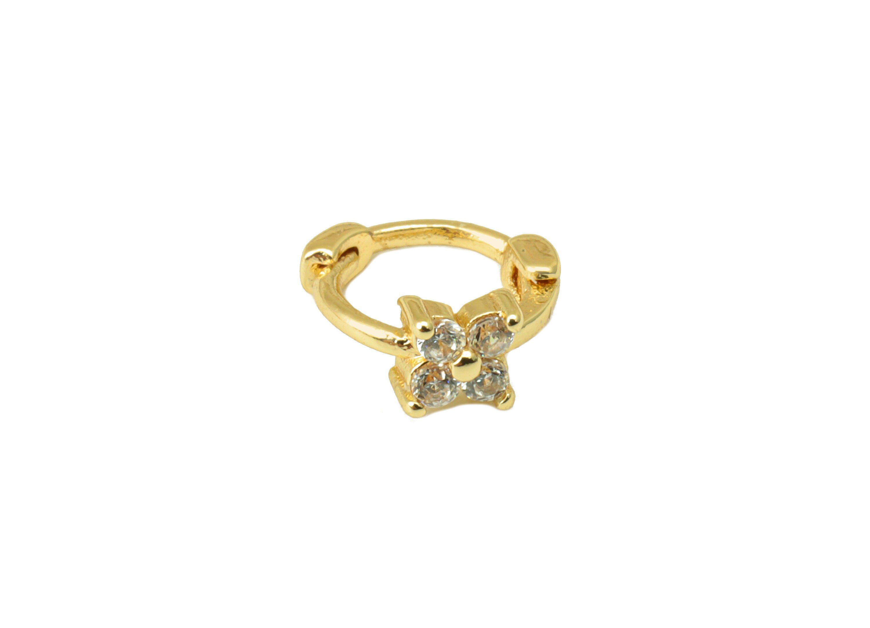 Brass Flower Earring Clasp - Brass Four-Leaf Clover Huggie Hoop Clasp -Brass Cubic Zirconia Clasp - 18K Real Gold Plated -8x8x2mm- RGP6605 - DOMEDBAZAAR