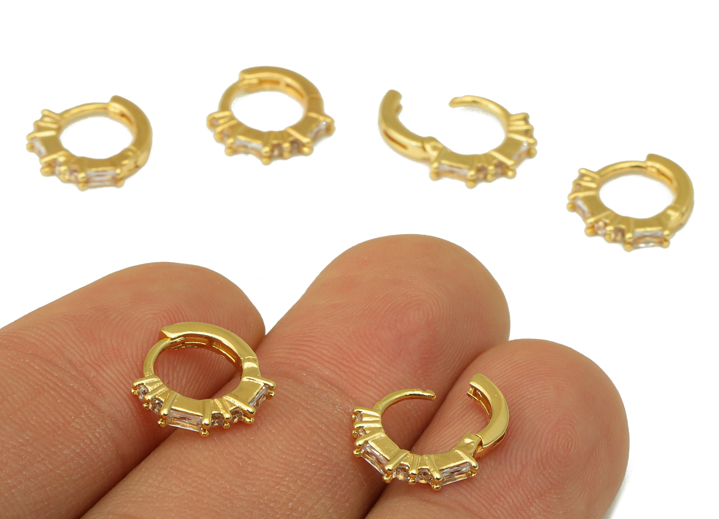 Brass Crown Hoop Clasp - Brass Emerald Huggie Earring Clasp - Mini Ring Cubic Zirconia Clasp - 18K Real Gold Plated -12x10.9x2.1mm- RGP6616 - DOMEDBAZAAR
