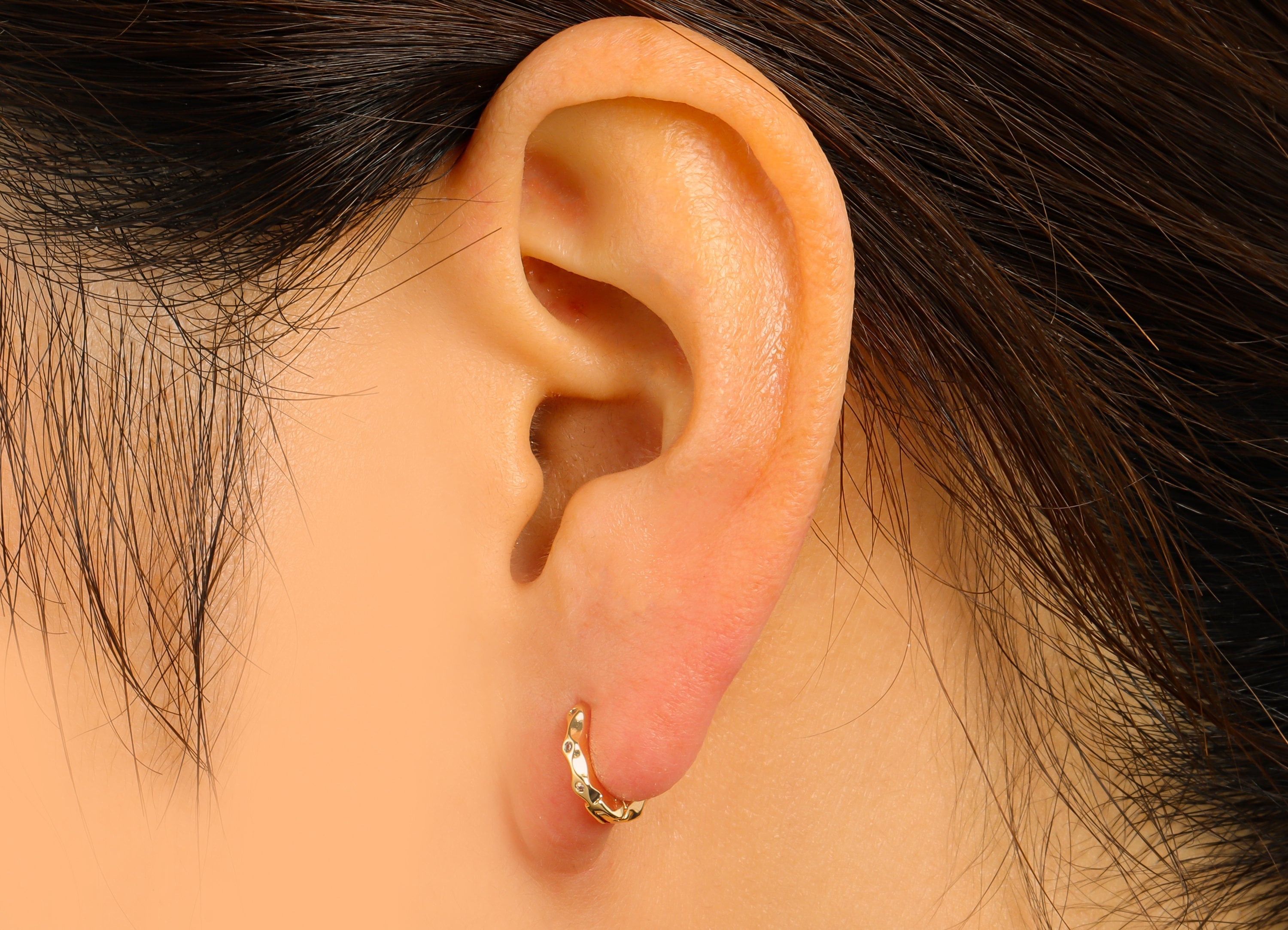 Brass Round Hoop Clasp - Brass Textured Huggie Earring Clasp - Mini Ring Cubic Zirconia Clasp - 18K Real Gold Plated - 10x9x1.9mm- RGP6618 - DOMEDBAZAAR