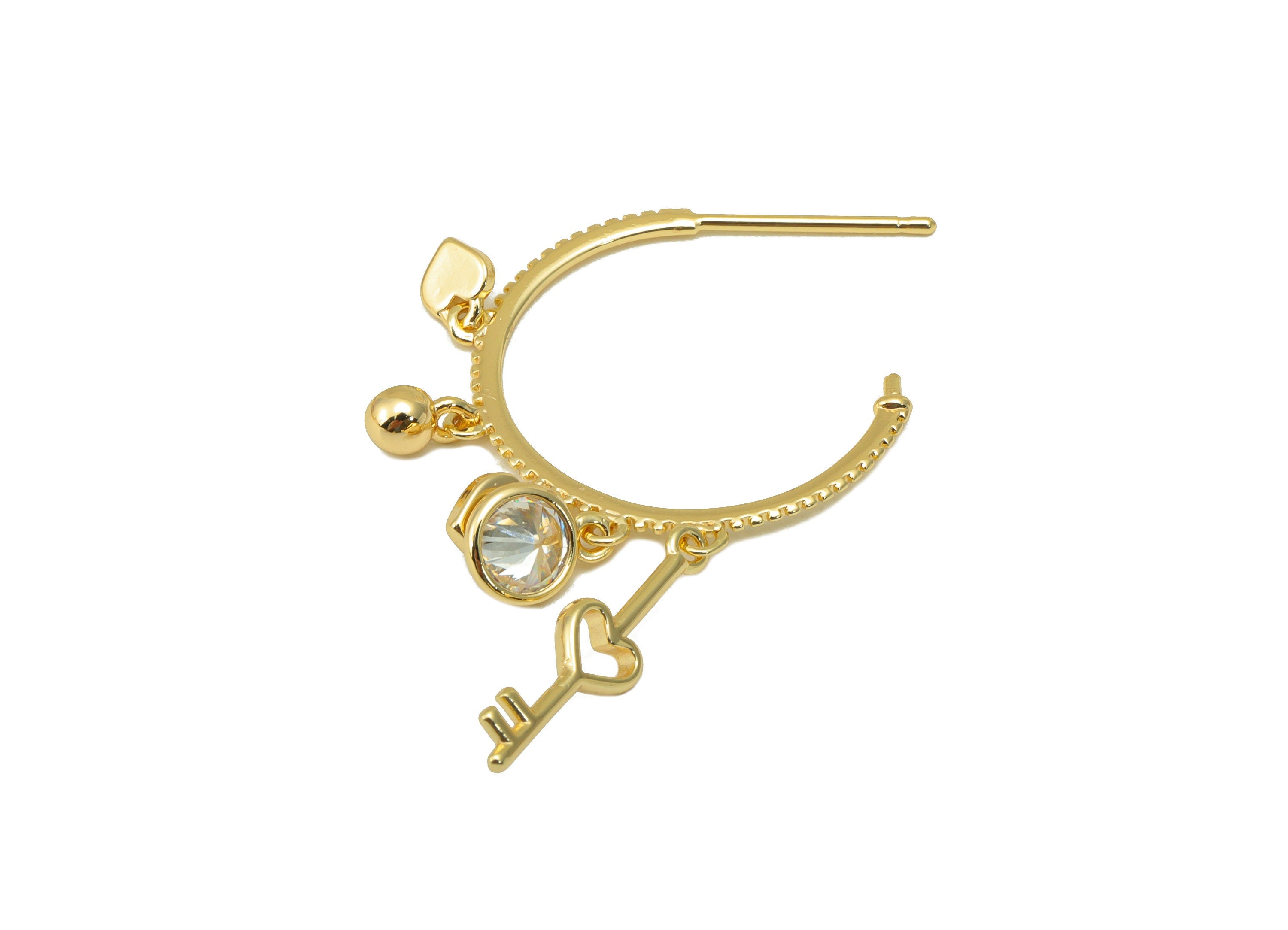 Brass Open Hoop Earring Stud - Shake Sawtooth Earring Post - CZ Heart Padlock Key Earring Post - 18K Real Gold Plated - 37x26x1mm- RGP6346 - DOMEDBAZAAR