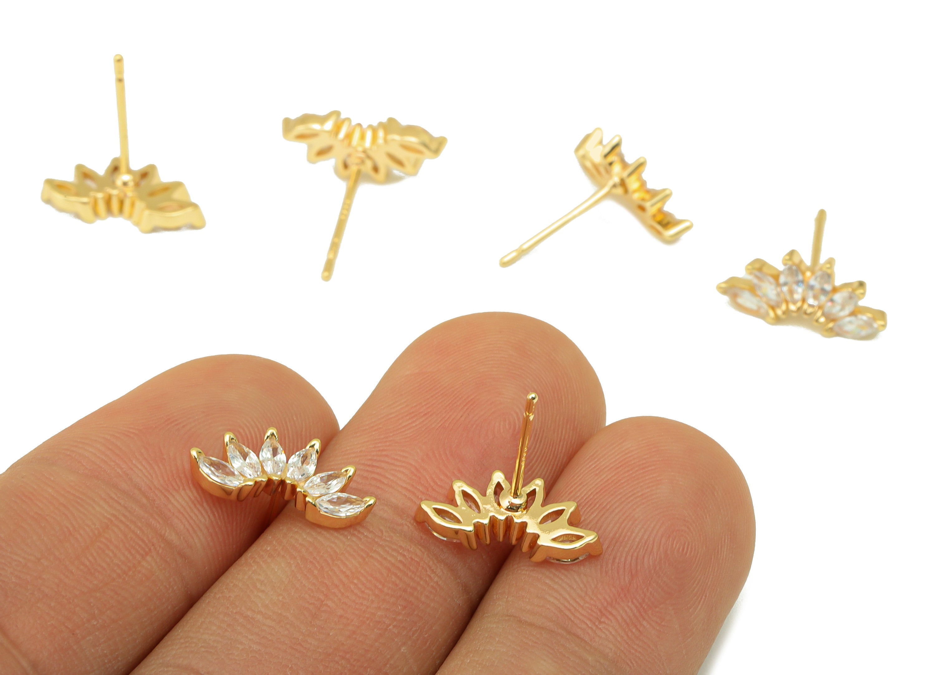 Brass Petal Earring Stud - Brass Marquies CZ Earring Post - Cubic Zirconia Earring Post - 18K Real Gold Plated - 14.36x6.67x 2.34mm- RGP6326 - DOMEDBAZAAR
