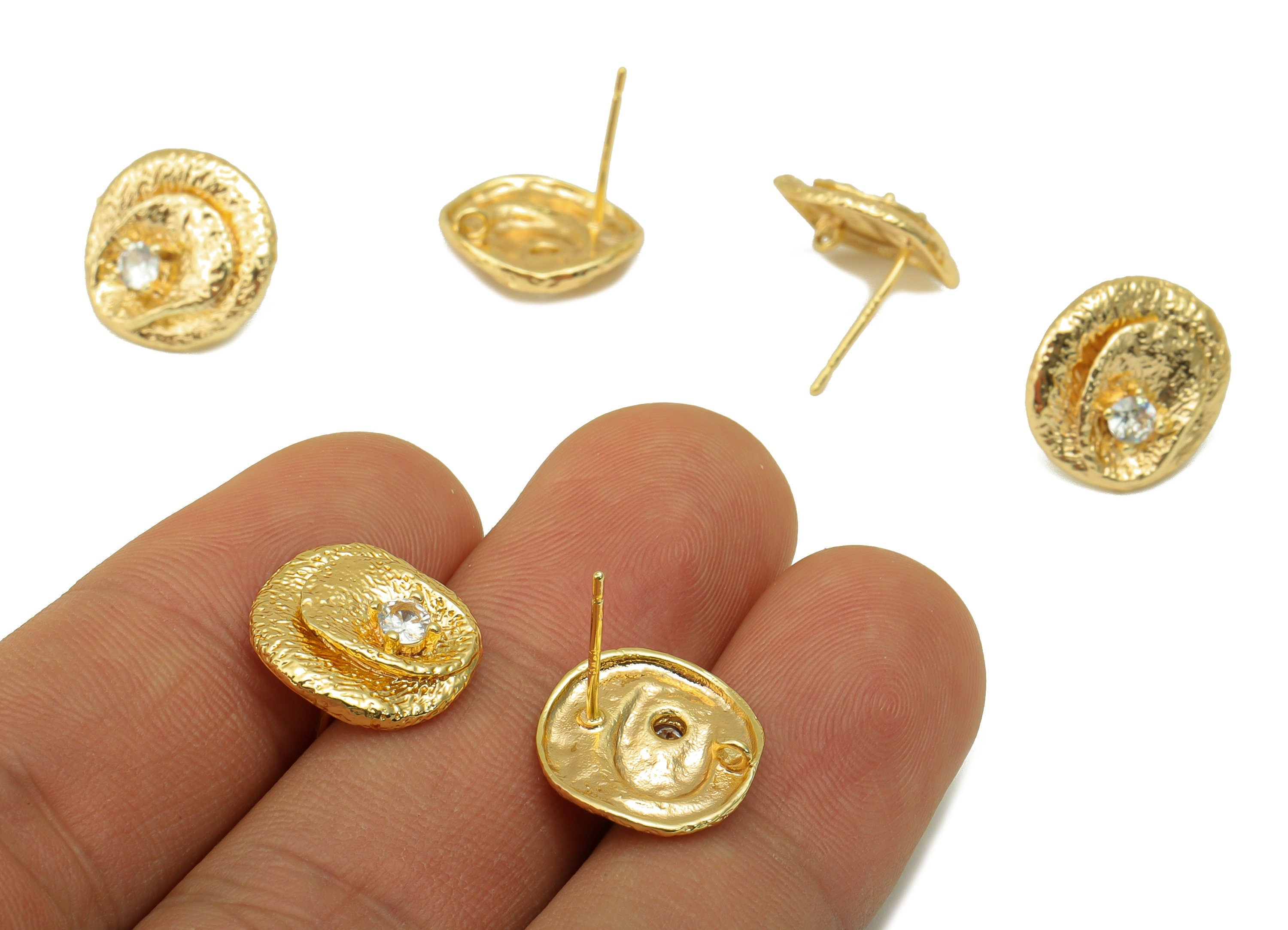 Brass Flower Earring Stud - Brass Hammered CZ Earring Post - Botanical Cubic Zirconia Earring Post - 18K Real Gold Plated-15x14x2mm- RGP6370 - DOMEDBAZAAR