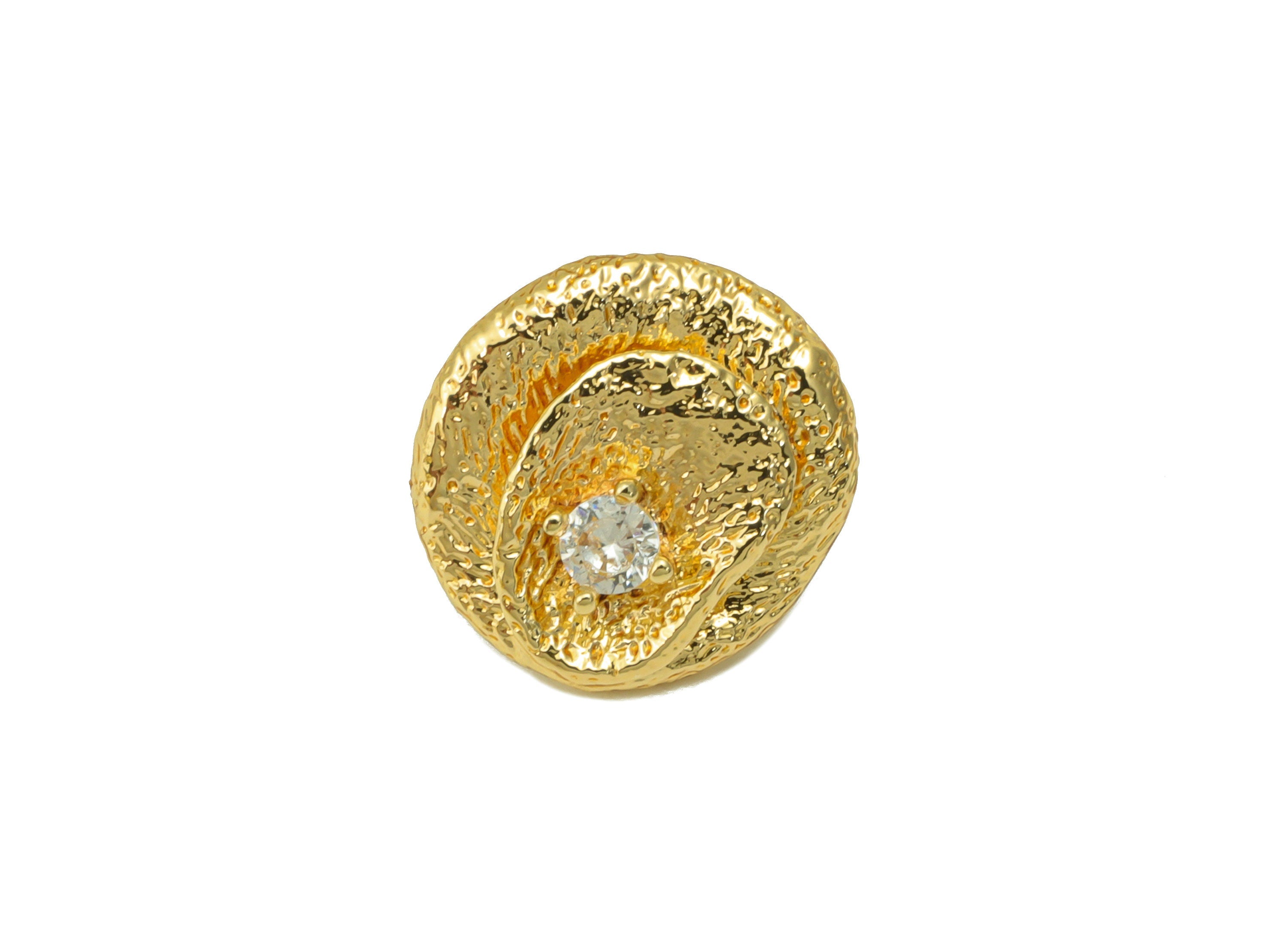 Brass Flower Earring Stud - Brass Hammered CZ Earring Post - Botanical Cubic Zirconia Earring Post - 18K Real Gold Plated-15x14x2mm- RGP6370 - DOMEDBAZAAR