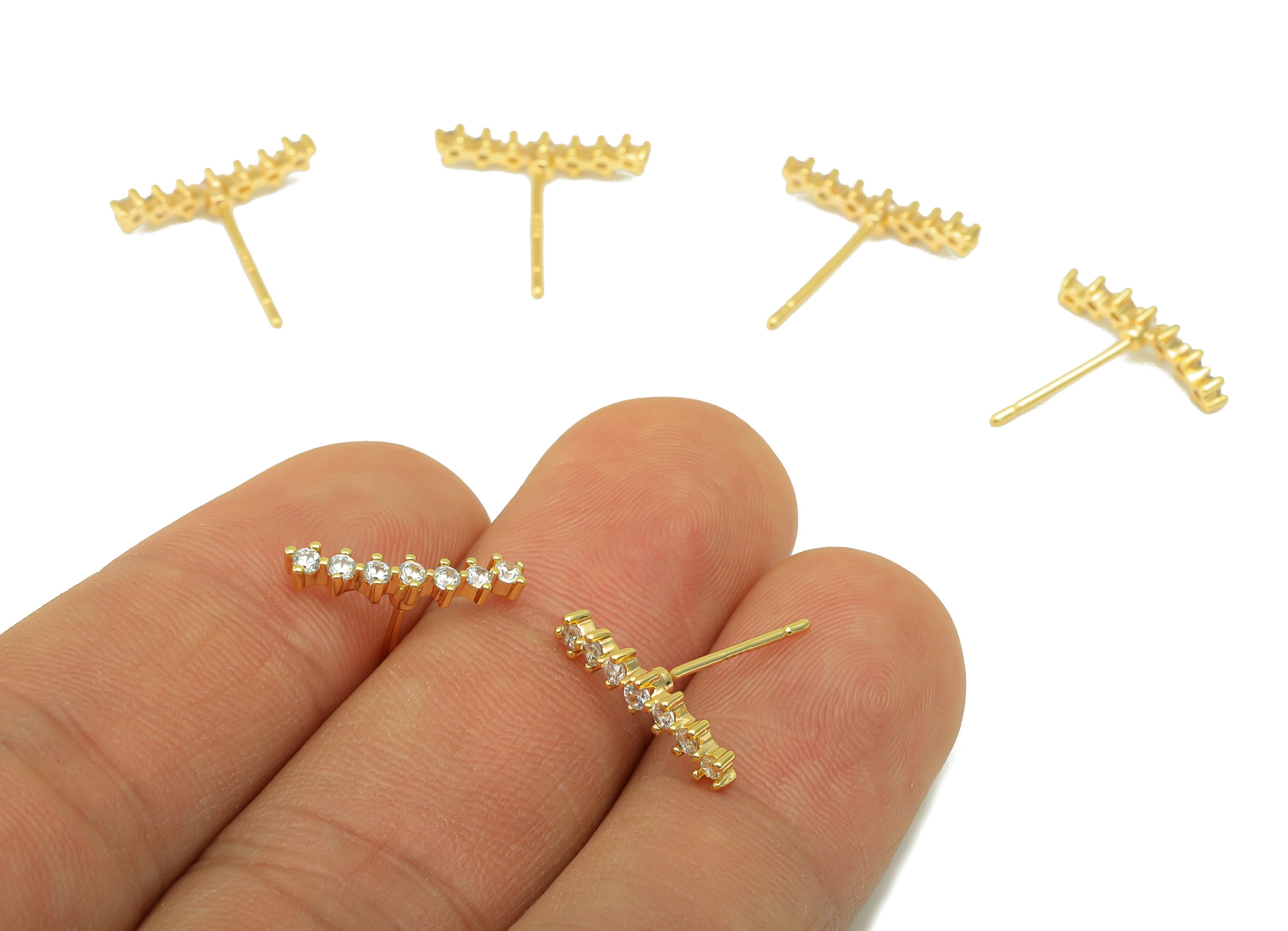 Brass Beads Earring Stud - Brass Bar CZ Earring Post - Cubic Zirconia Earring Post - 18K Real Gold Plated - 14.67x14x 2.02mm- RGP6311 - DOMEDBAZAAR