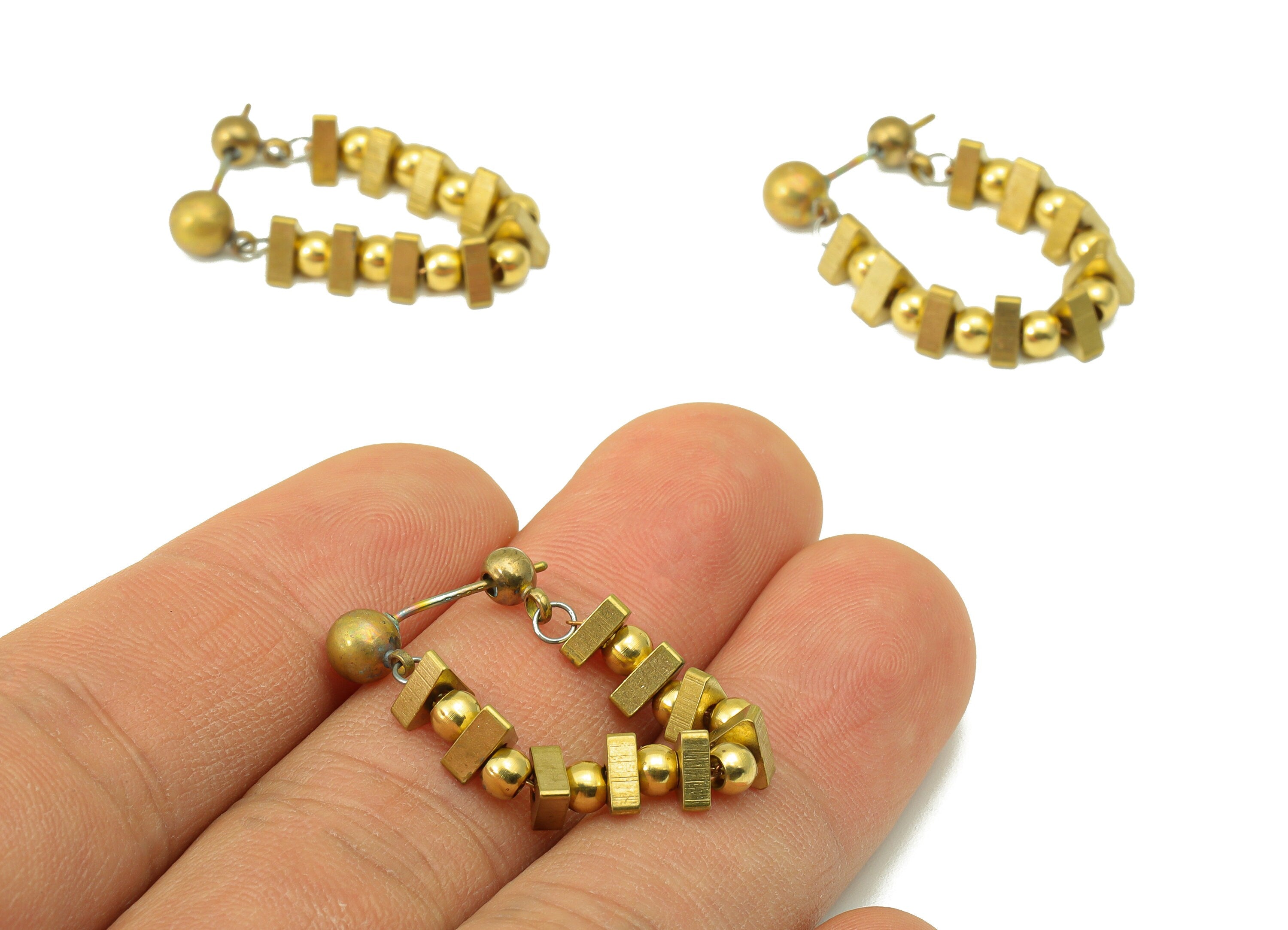 Brass Round beads Earring Post - Brass Triangle Bead Chain Earring Stud - Hanging Beads Earring -Dangle Earring Post - 56.67x5.3x2mm- PP8537 - DOMEDBAZAAR